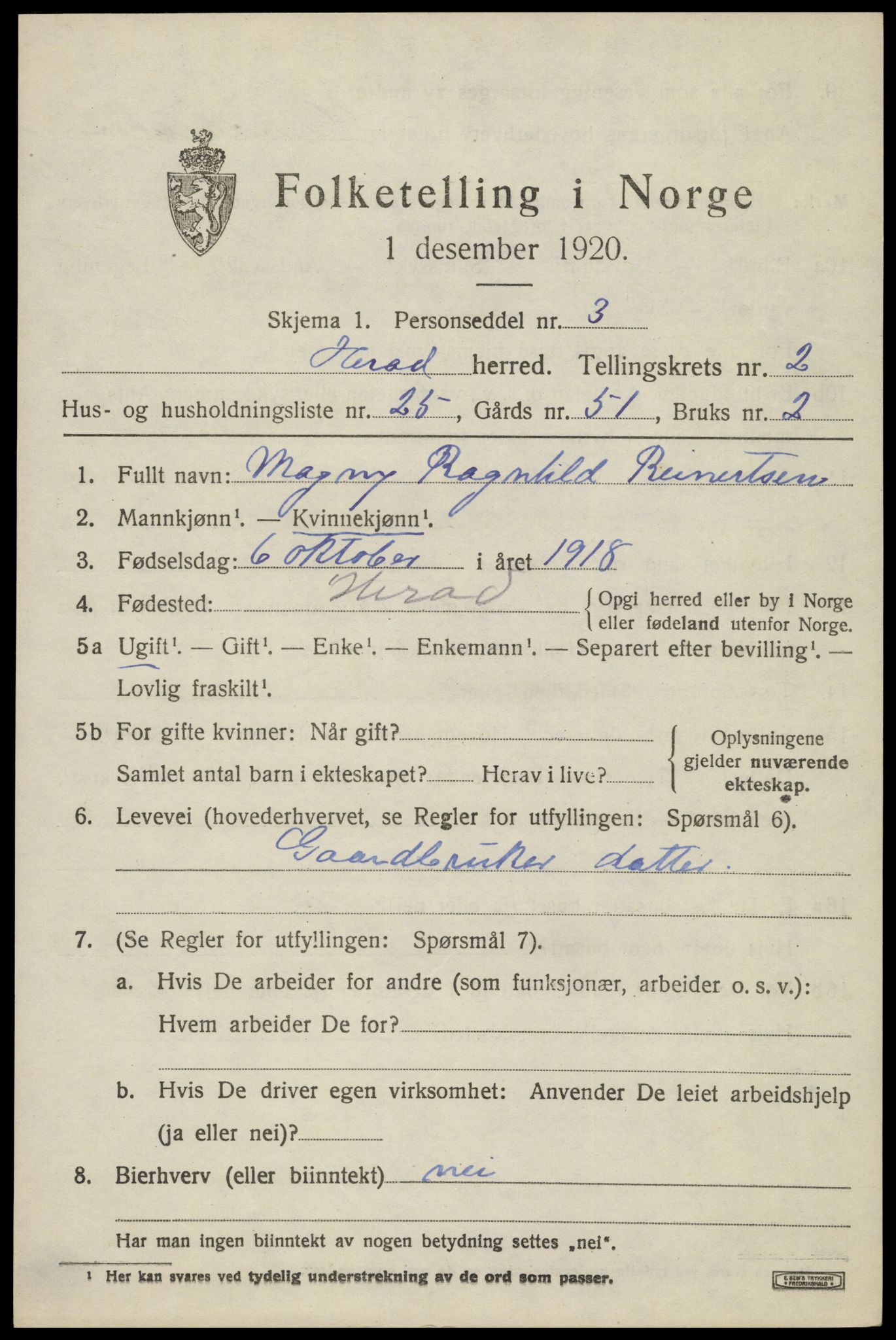 SAK, 1920 census for Herad, 1920, p. 1300