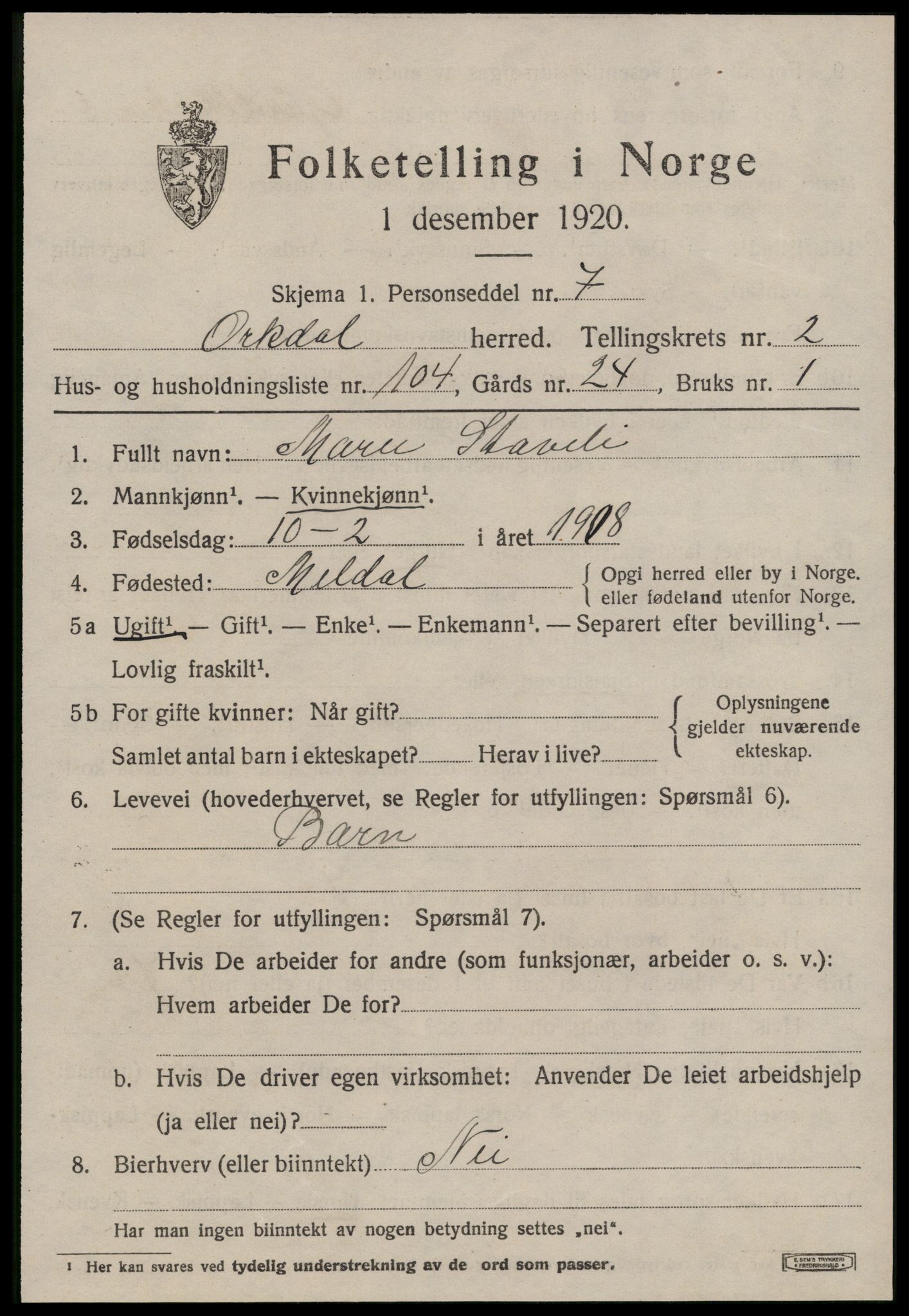 SAT, 1920 census for Orkdal, 1920, p. 3122