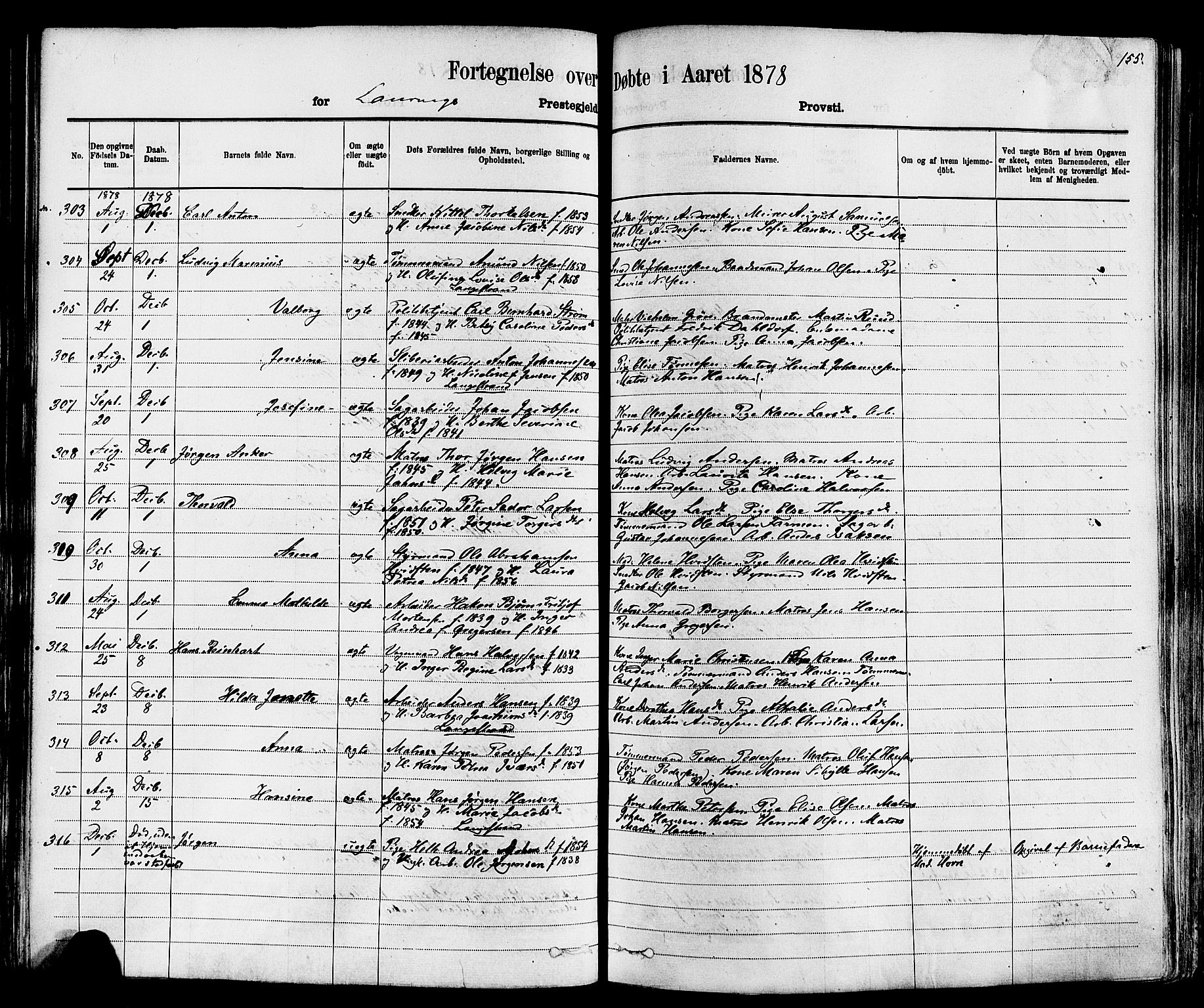 Larvik kirkebøker, AV/SAKO-A-352/F/Fa/L0006: Parish register (official) no. I 6, 1871-1883, p. 155