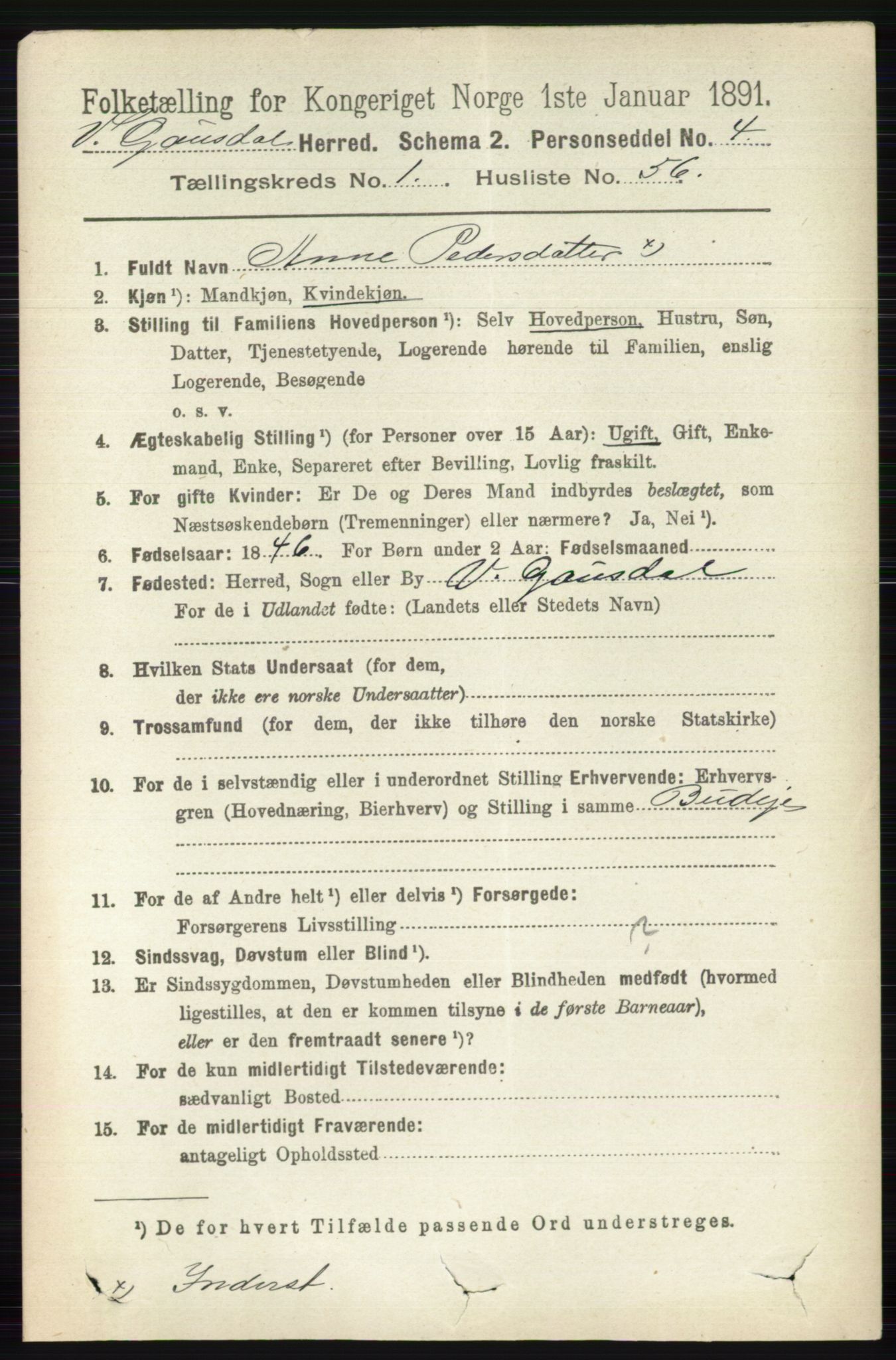 RA, 1891 census for 0523 Vestre Gausdal, 1891, p. 381