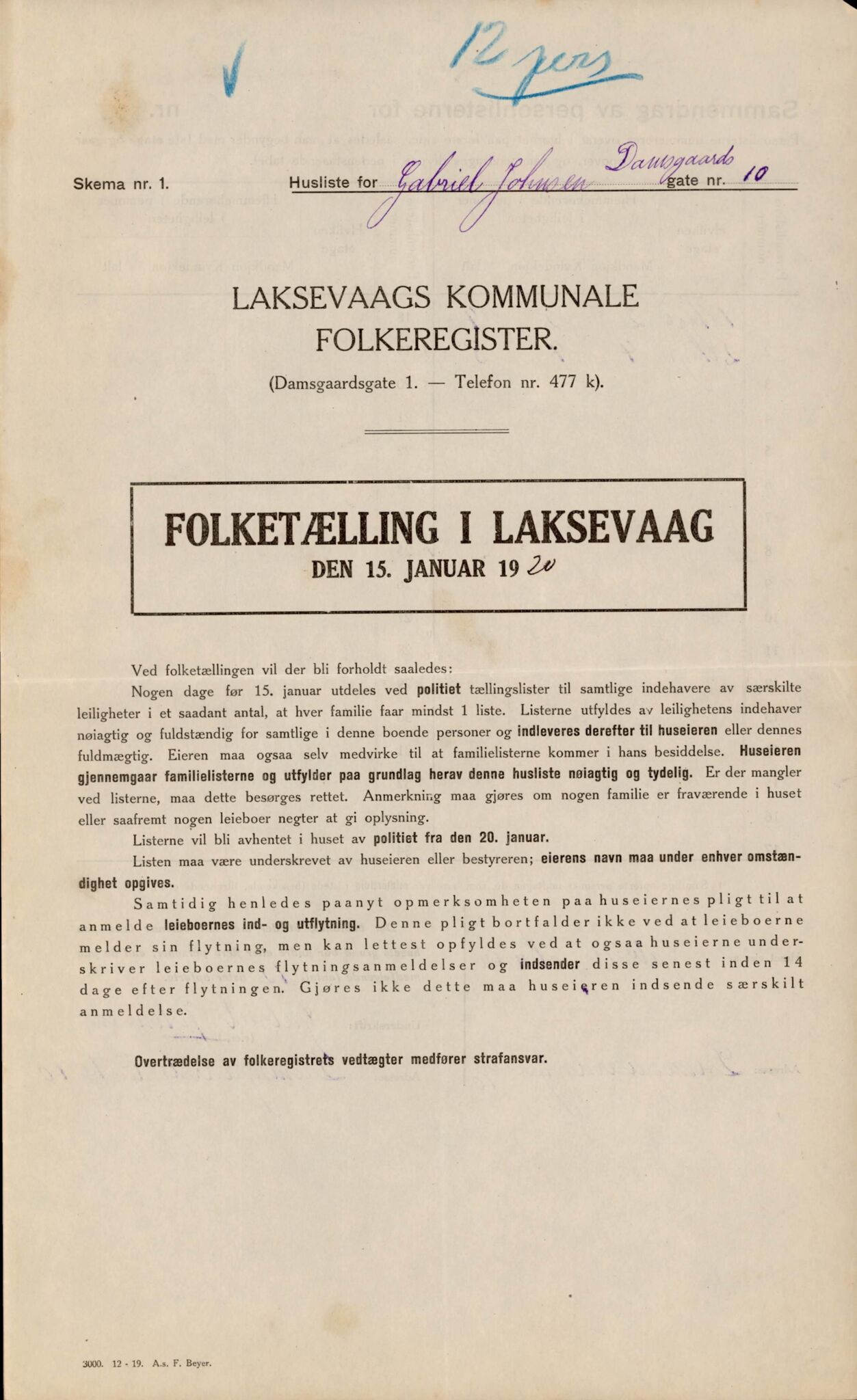 Laksevåg kommune. Folkeregisteret, BBA/A-1586/E/Ea/L0001: Folketellingskjema 1920, 1920, p. 499