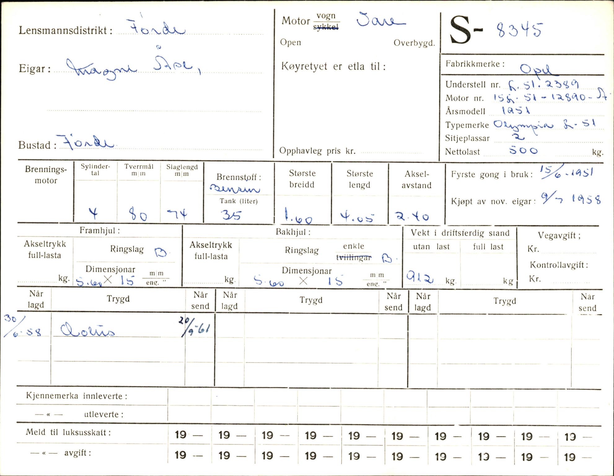 Statens vegvesen, Sogn og Fjordane vegkontor, AV/SAB-A-5301/4/F/L0006: Registerkort utmeldte Fjordane S8300-9500, 1930-1961, p. 66