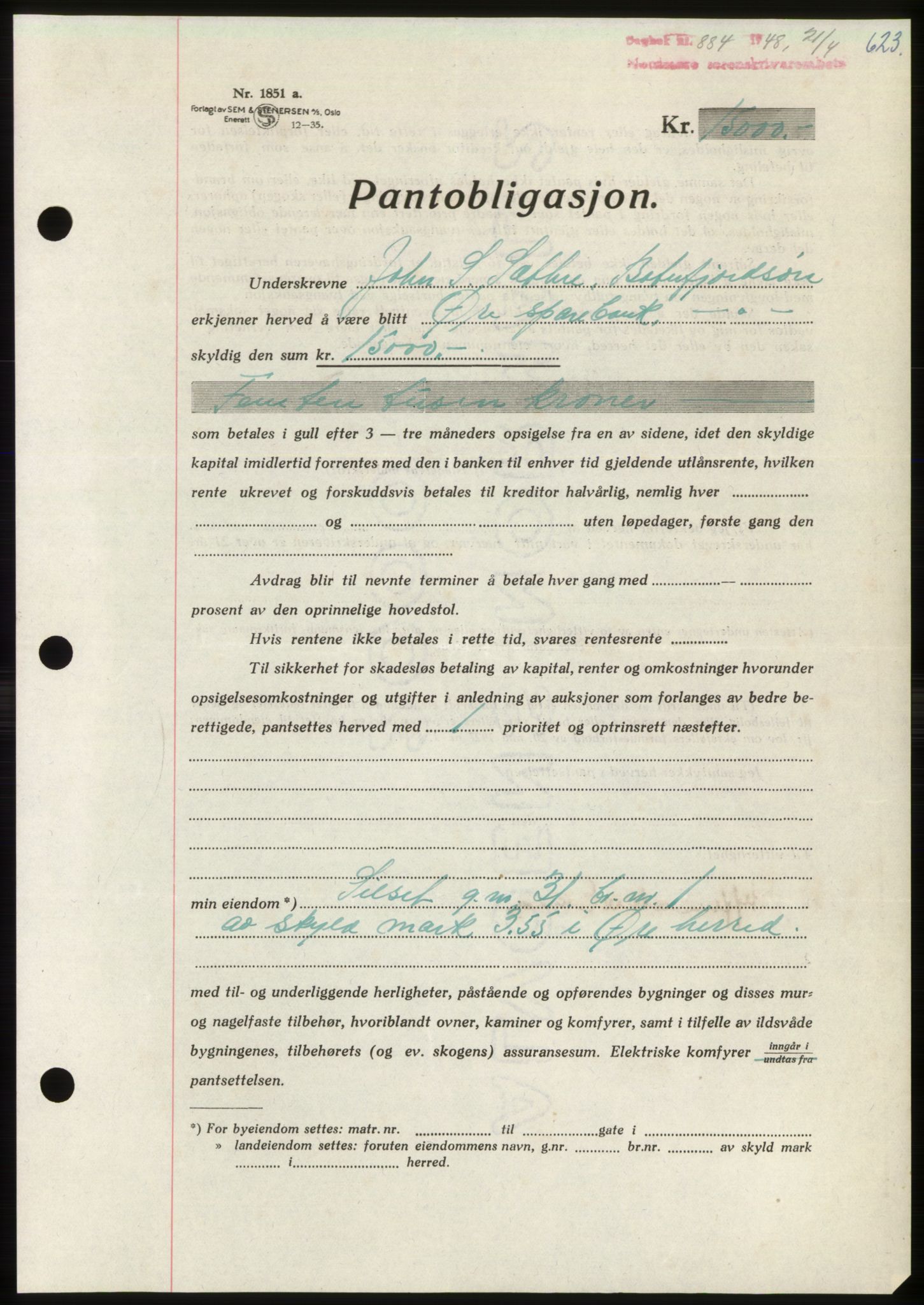 Nordmøre sorenskriveri, AV/SAT-A-4132/1/2/2Ca: Mortgage book no. B98, 1948-1948, Diary no: : 884/1948