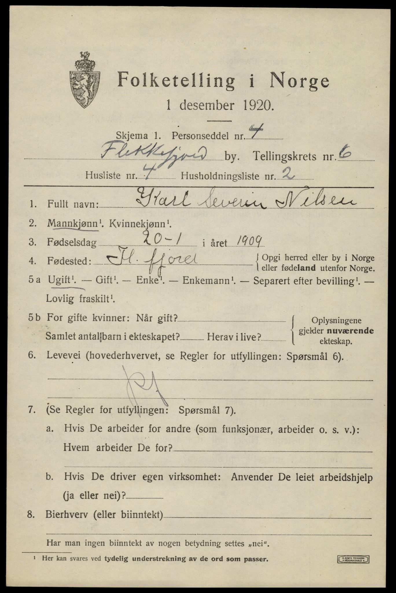 SAK, 1920 census for Flekkefjord, 1920, p. 5796