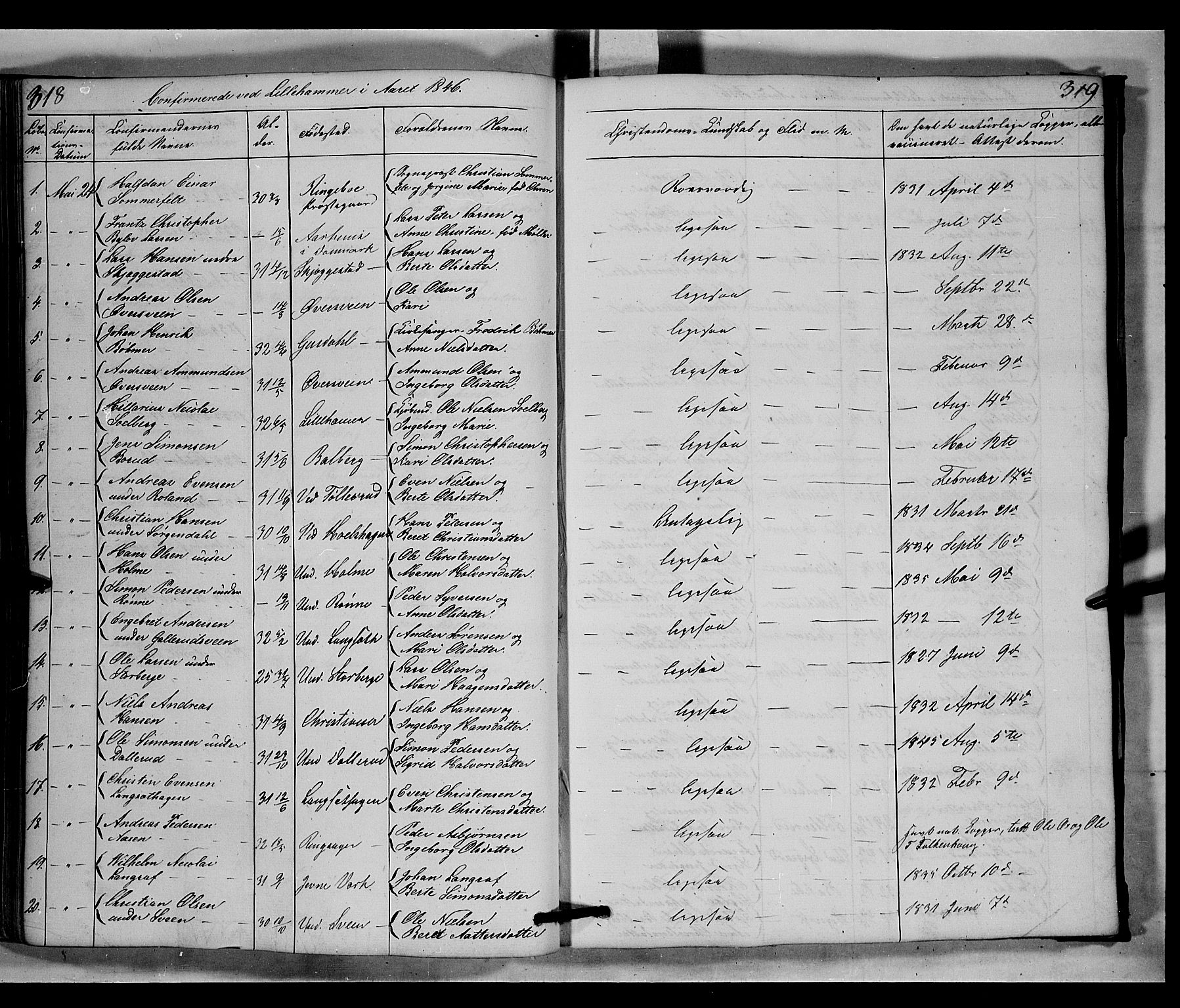 Fåberg prestekontor, SAH/PREST-086/H/Ha/Hab/L0006: Parish register (copy) no. 6, 1837-1855, p. 318-319
