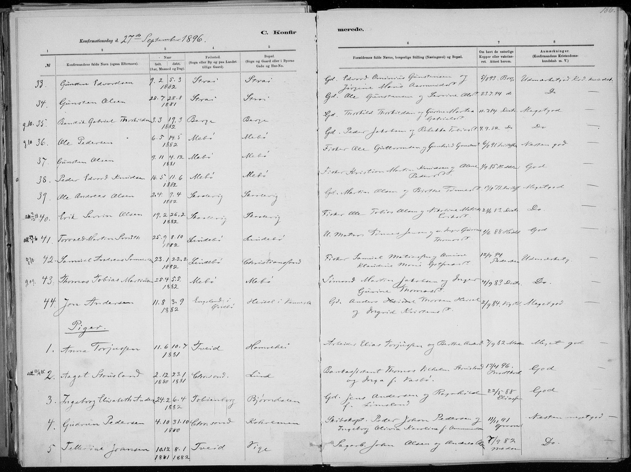 Oddernes sokneprestkontor, AV/SAK-1111-0033/F/Fa/Faa/L0009: Parish register (official) no. A 9, 1884-1896, p. 186