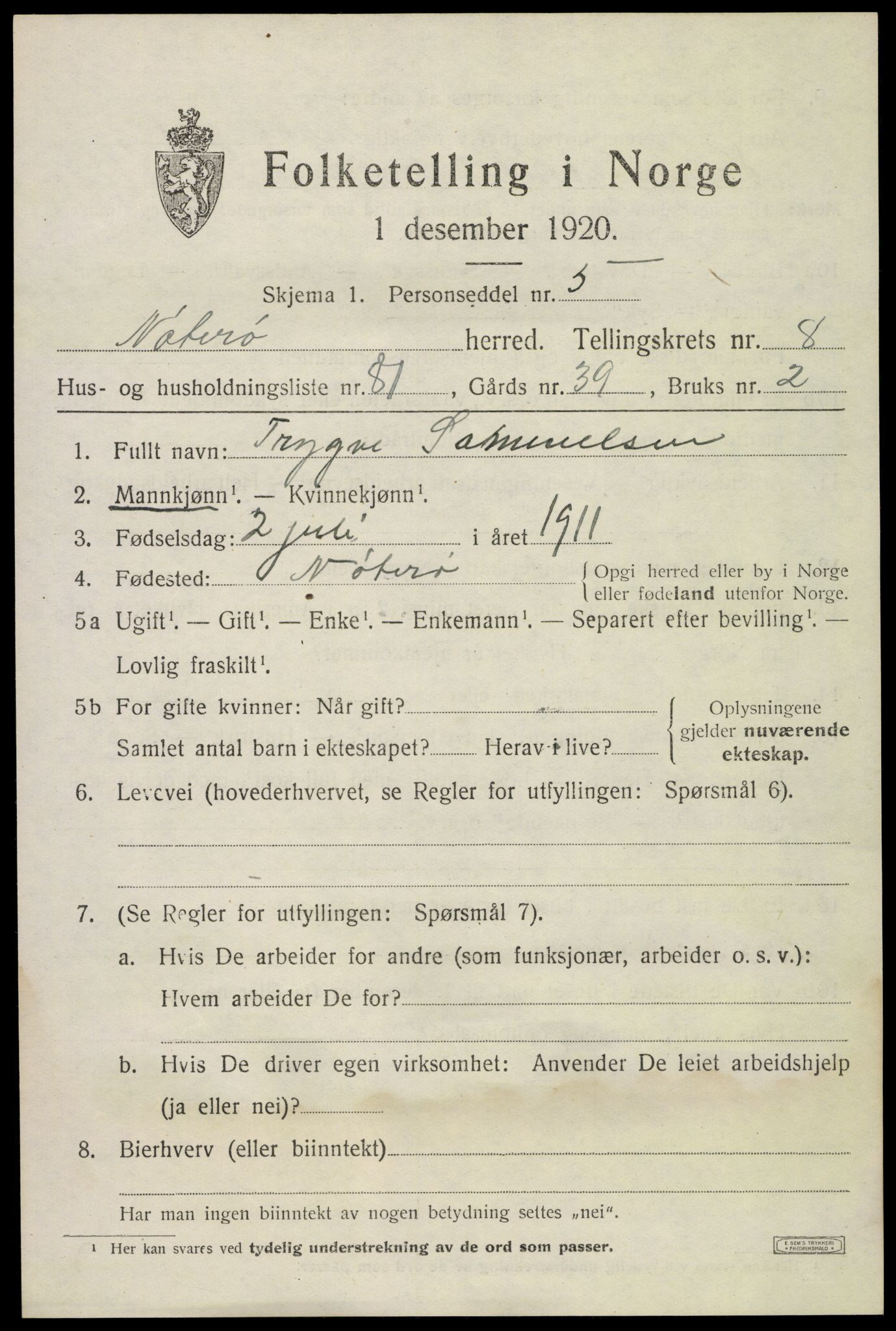 SAKO, 1920 census for Nøtterøy, 1920, p. 11135