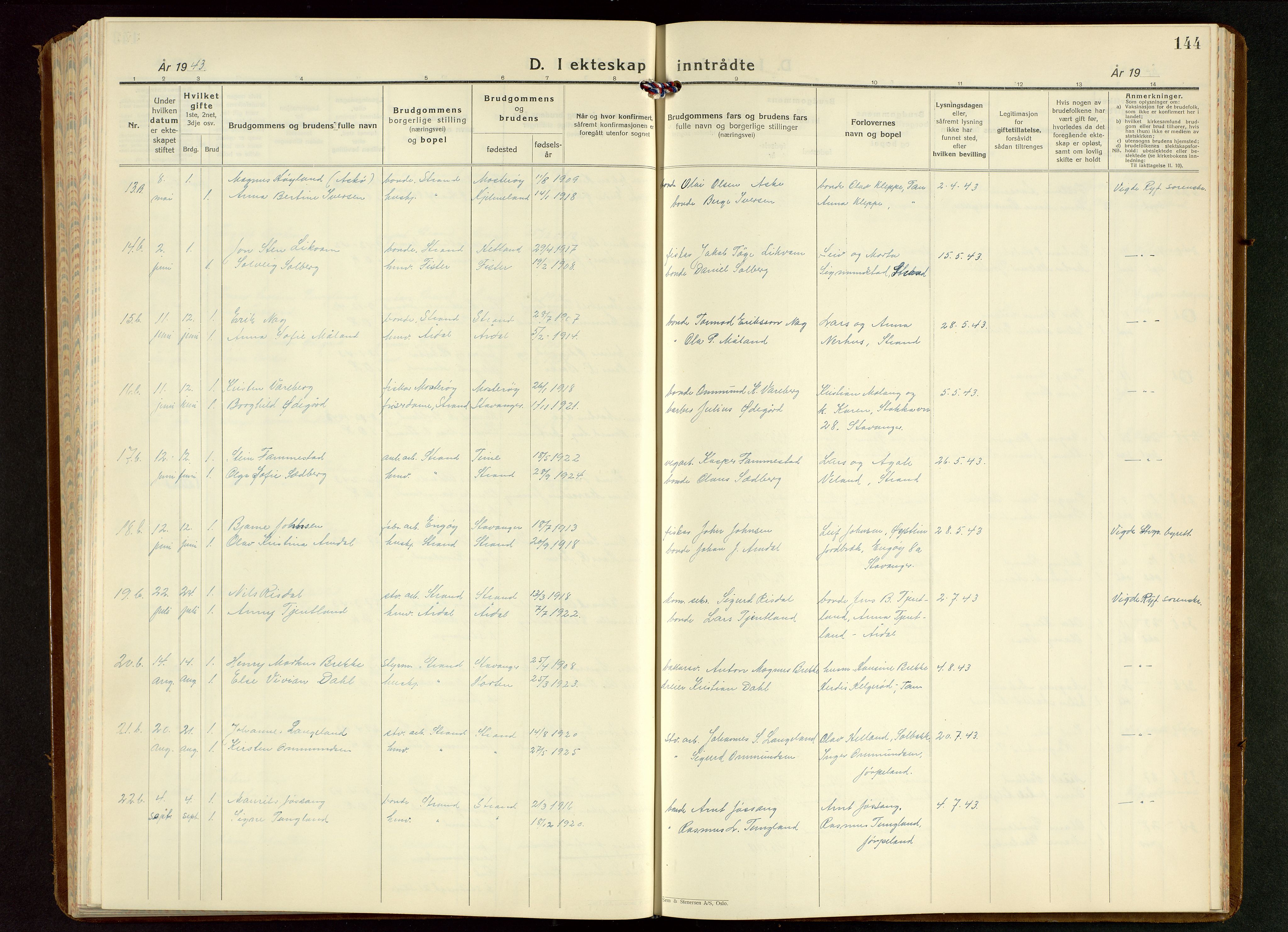 Strand sokneprestkontor, AV/SAST-A-101828/H/Ha/Hab/L0006: Parish register (copy) no. B 6, 1933-1950, p. 144