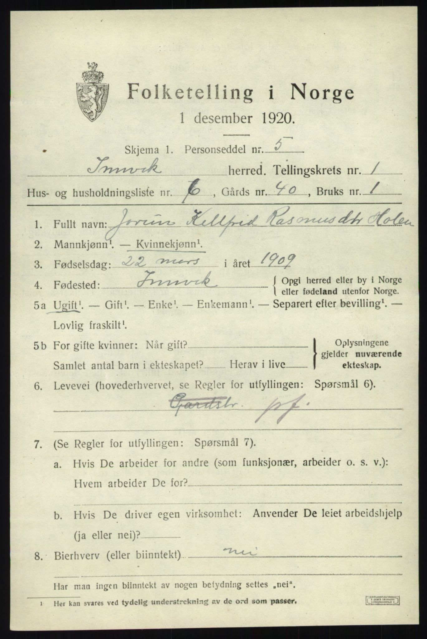 SAB, 1920 census for Innvik, 1920, p. 1157