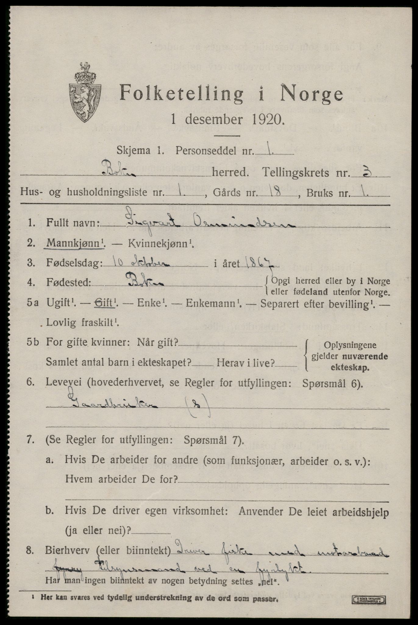 SAST, 1920 census for Bokn, 1920, p. 1326