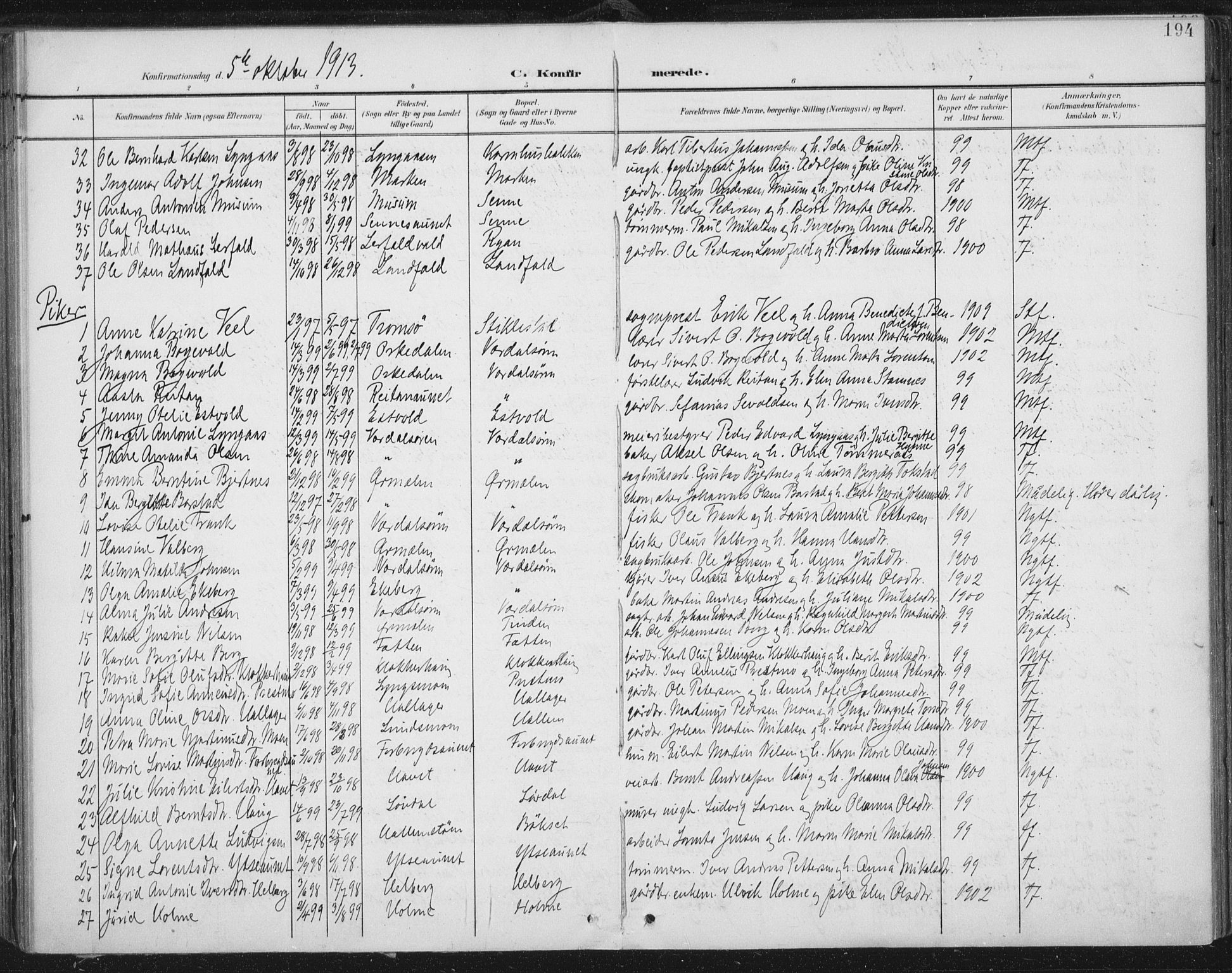 Ministerialprotokoller, klokkerbøker og fødselsregistre - Nord-Trøndelag, SAT/A-1458/723/L0246: Parish register (official) no. 723A15, 1900-1917, p. 194