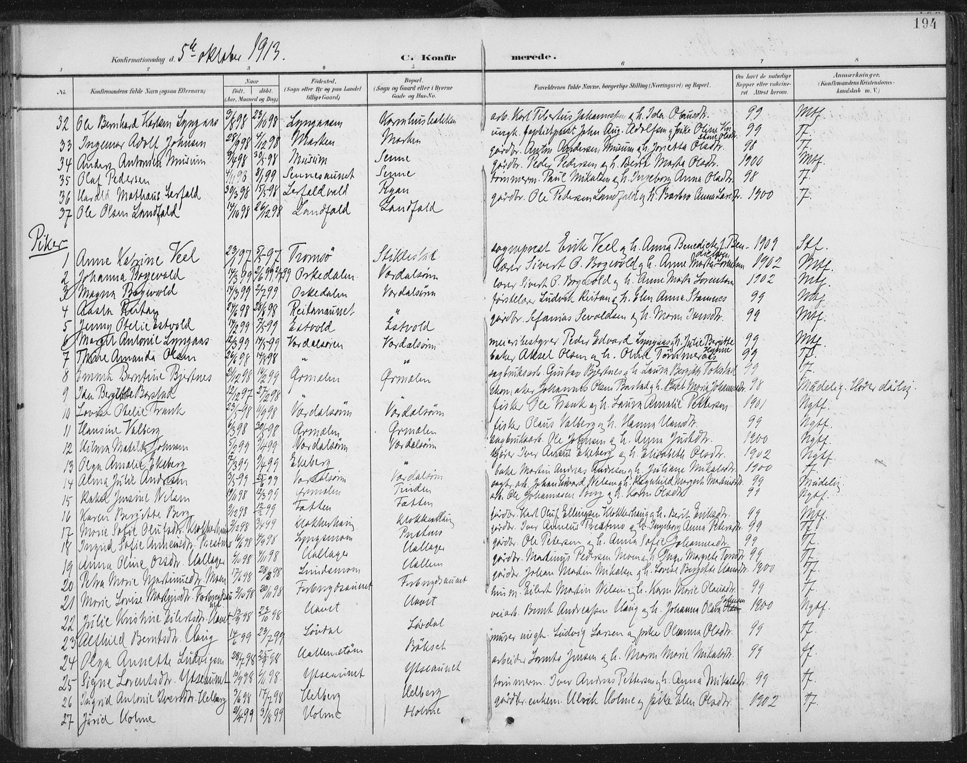 Ministerialprotokoller, klokkerbøker og fødselsregistre - Nord-Trøndelag, AV/SAT-A-1458/723/L0246: Parish register (official) no. 723A15, 1900-1917, p. 194