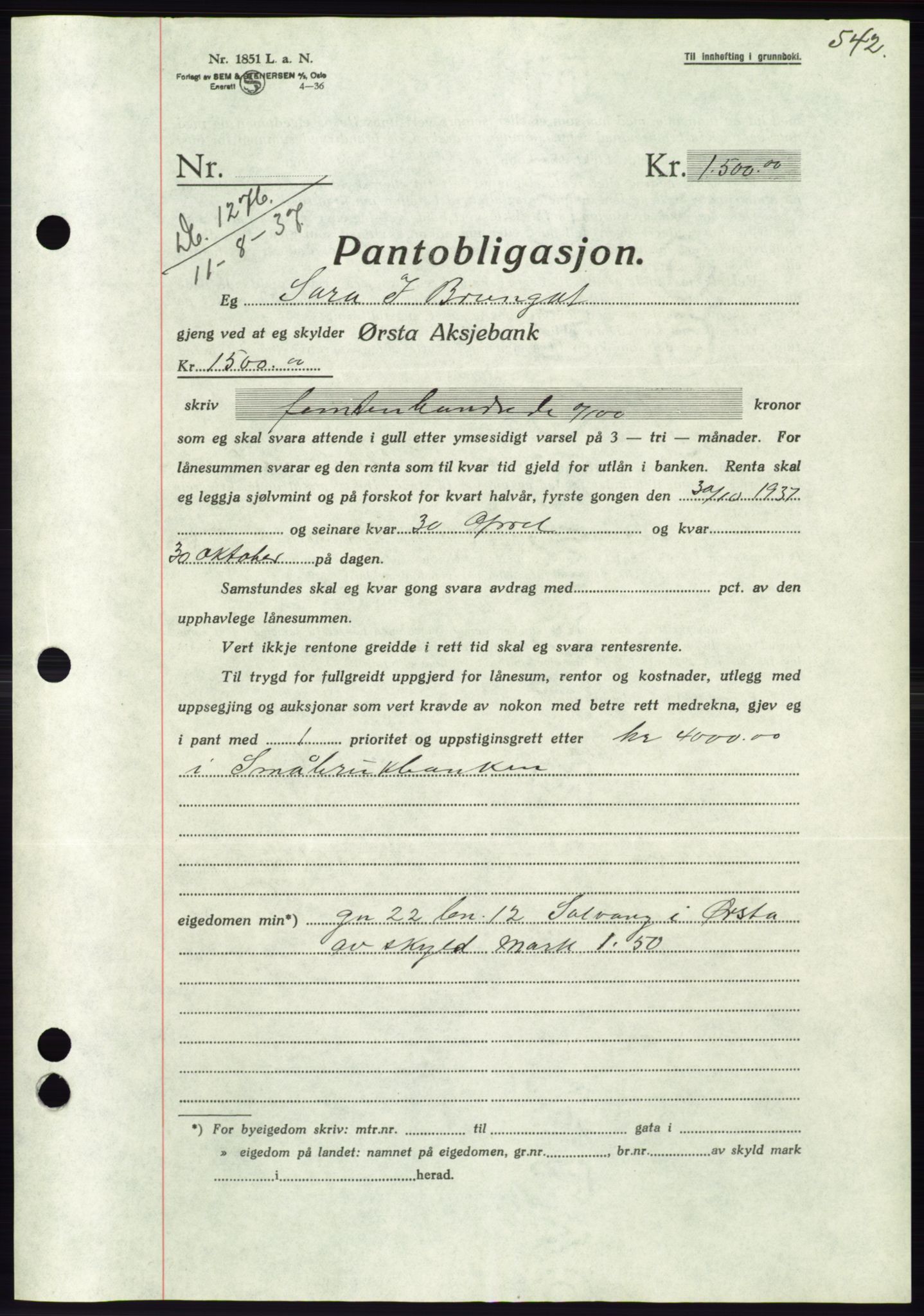 Søre Sunnmøre sorenskriveri, AV/SAT-A-4122/1/2/2C/L0063: Mortgage book no. 57, 1937-1937, Diary no: : 1276/1937