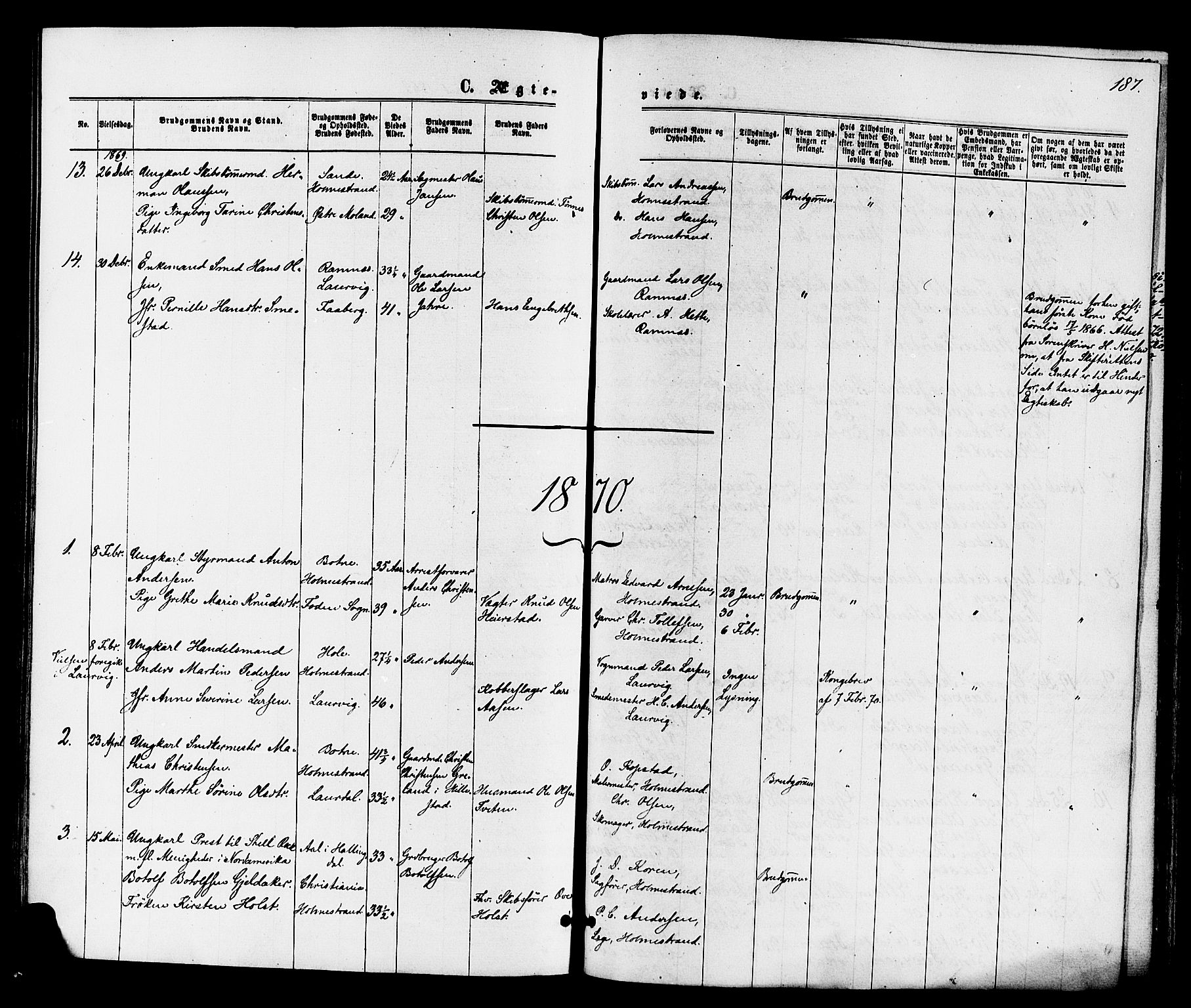 Holmestrand kirkebøker, AV/SAKO-A-346/F/Fa/L0003: Parish register (official) no. 3, 1867-1879, p. 187