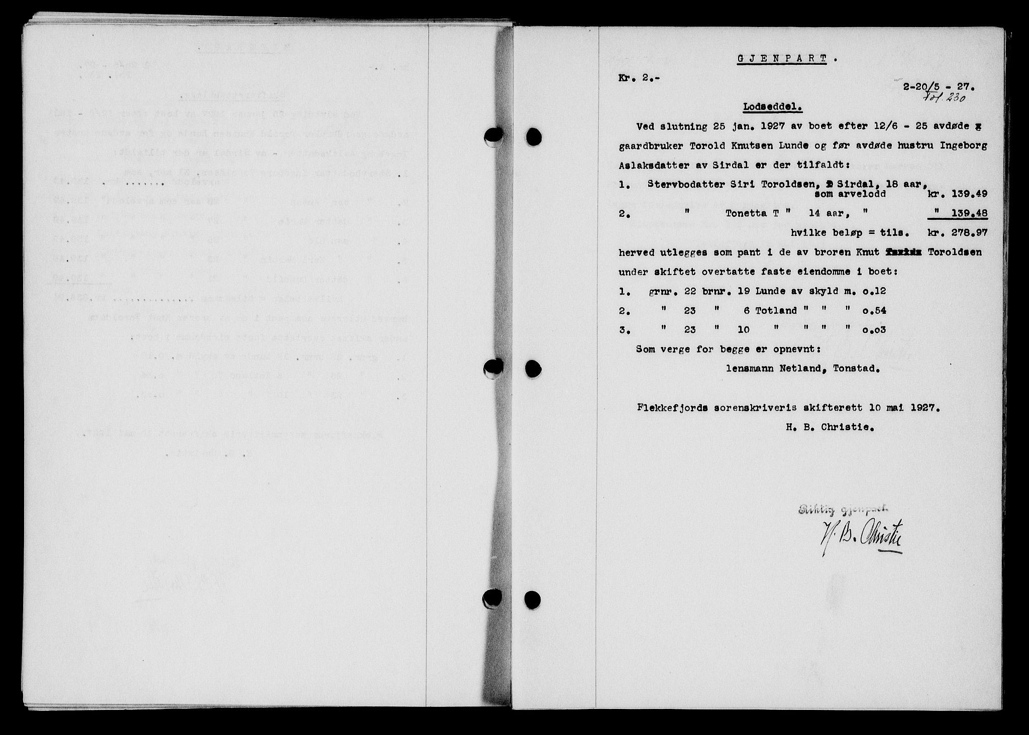 Flekkefjord sorenskriveri, SAK/1221-0001/G/Gb/Gba/L0043: Mortgage book no. 41, 1926-1927, Deed date: 20.05.1927