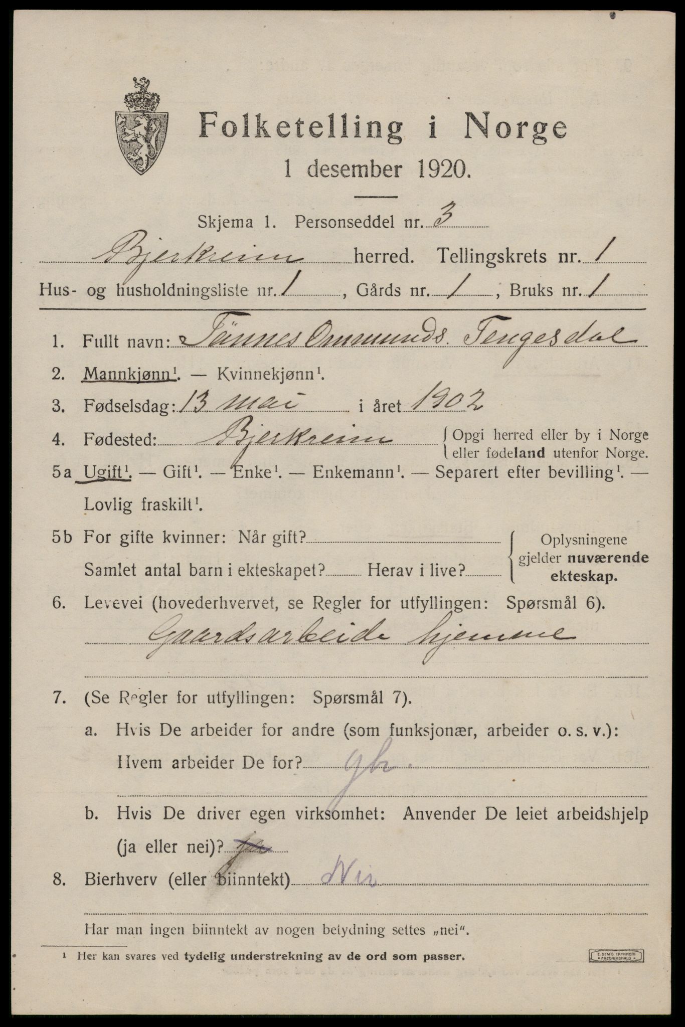 SAST, 1920 census for Bjerkreim, 1920, p. 590