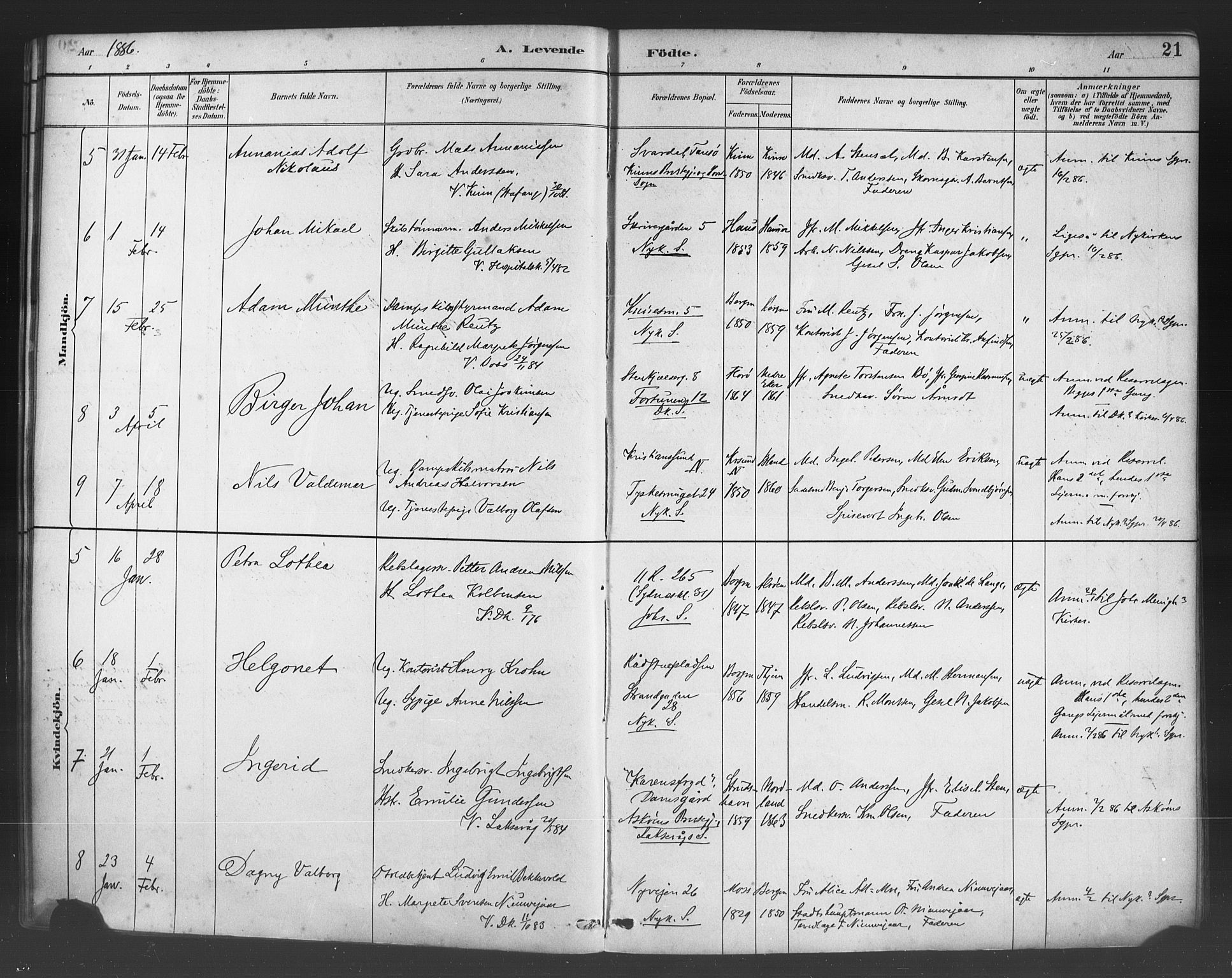 Fødselsstiftelsens sokneprestembete*, SAB/-: Parish register (official) no. A 2, 1884-1900, p. 21