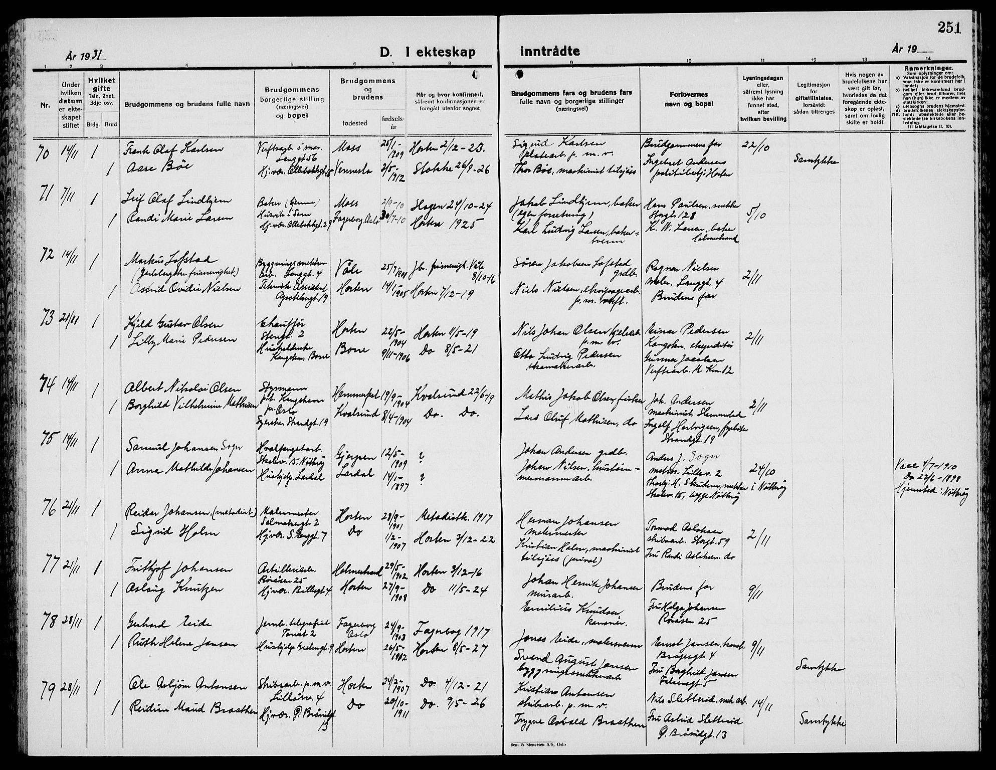 Horten kirkebøker, SAKO/A-348/G/Ga/L0009: Parish register (copy) no. 9, 1926-1936, p. 251