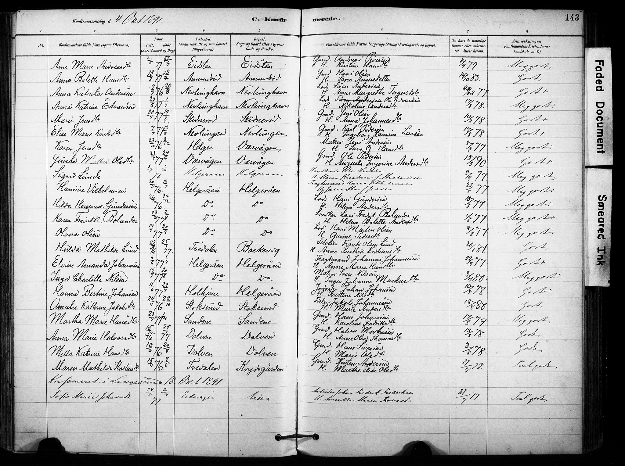 Brunlanes kirkebøker, AV/SAKO-A-342/F/Fb/L0001: Parish register (official) no. II 1, 1878-1899, p. 143