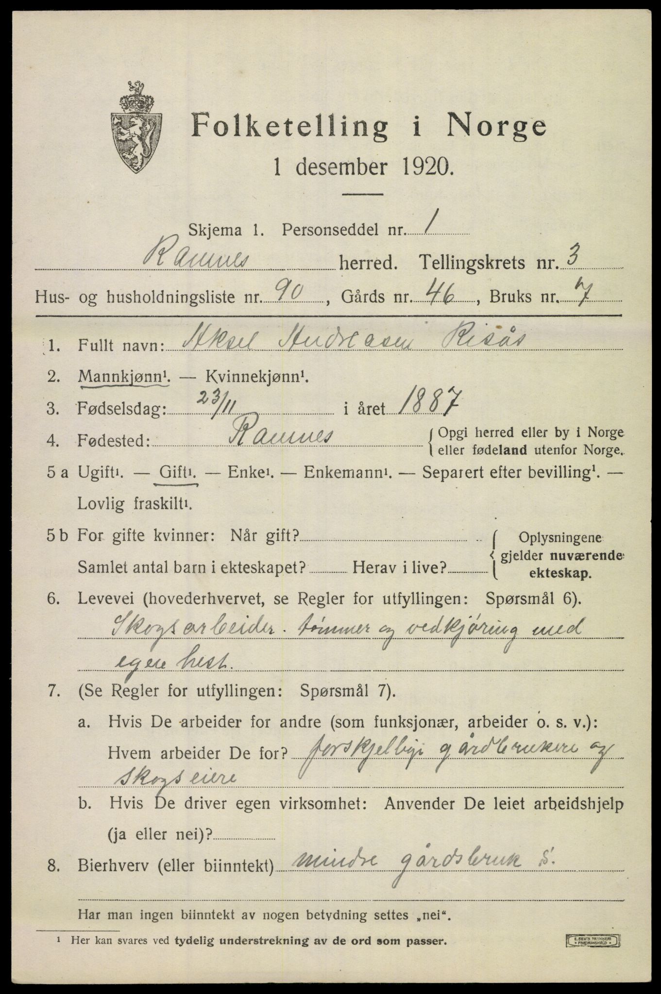 SAKO, 1920 census for Ramnes, 1920, p. 4286