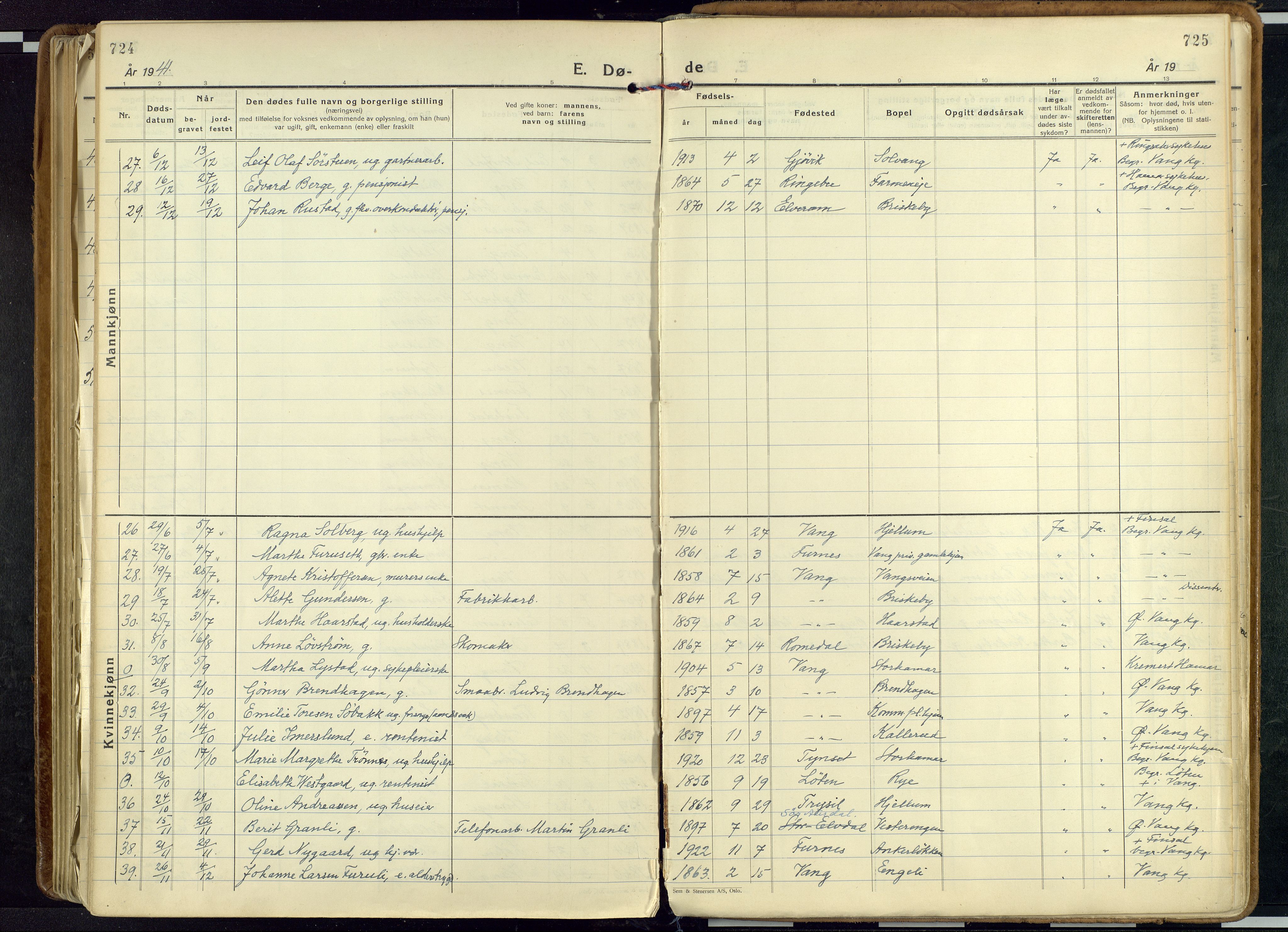 Vang prestekontor, Hedmark, AV/SAH-PREST-008/H/Ha/Haa/L0023: Parish register (official) no. 23, 1932-1957, p. 724-725