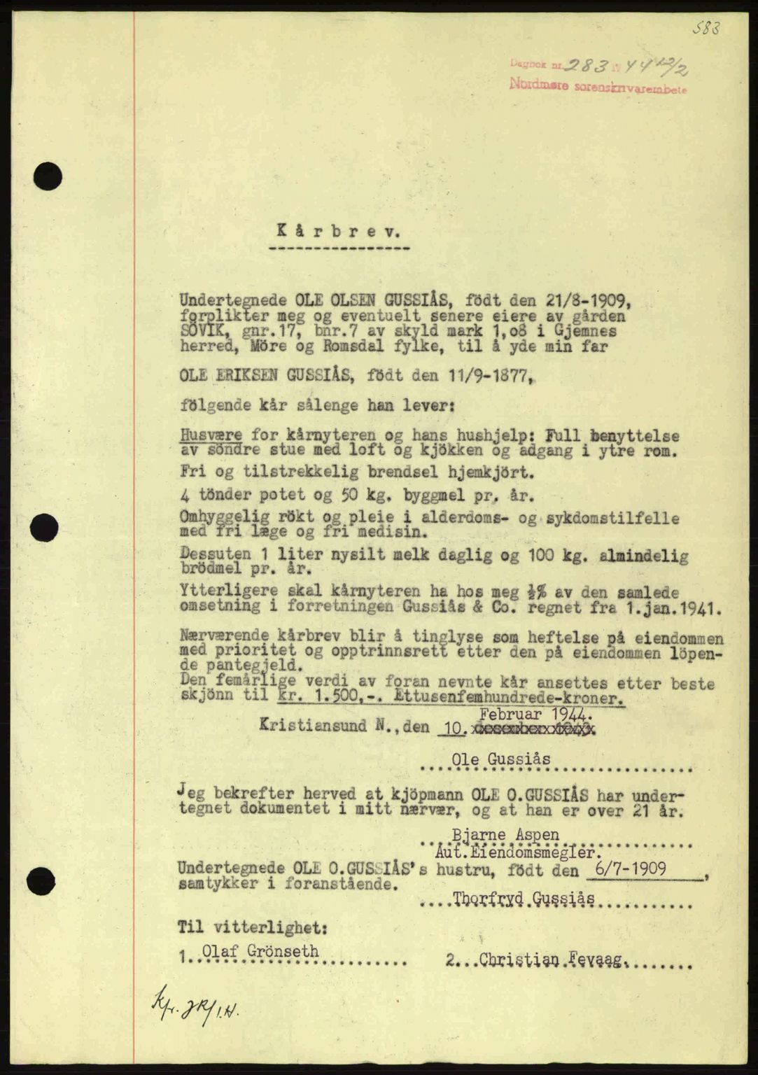 Nordmøre sorenskriveri, AV/SAT-A-4132/1/2/2Ca: Mortgage book no. B91, 1943-1944, Diary no: : 283/1944