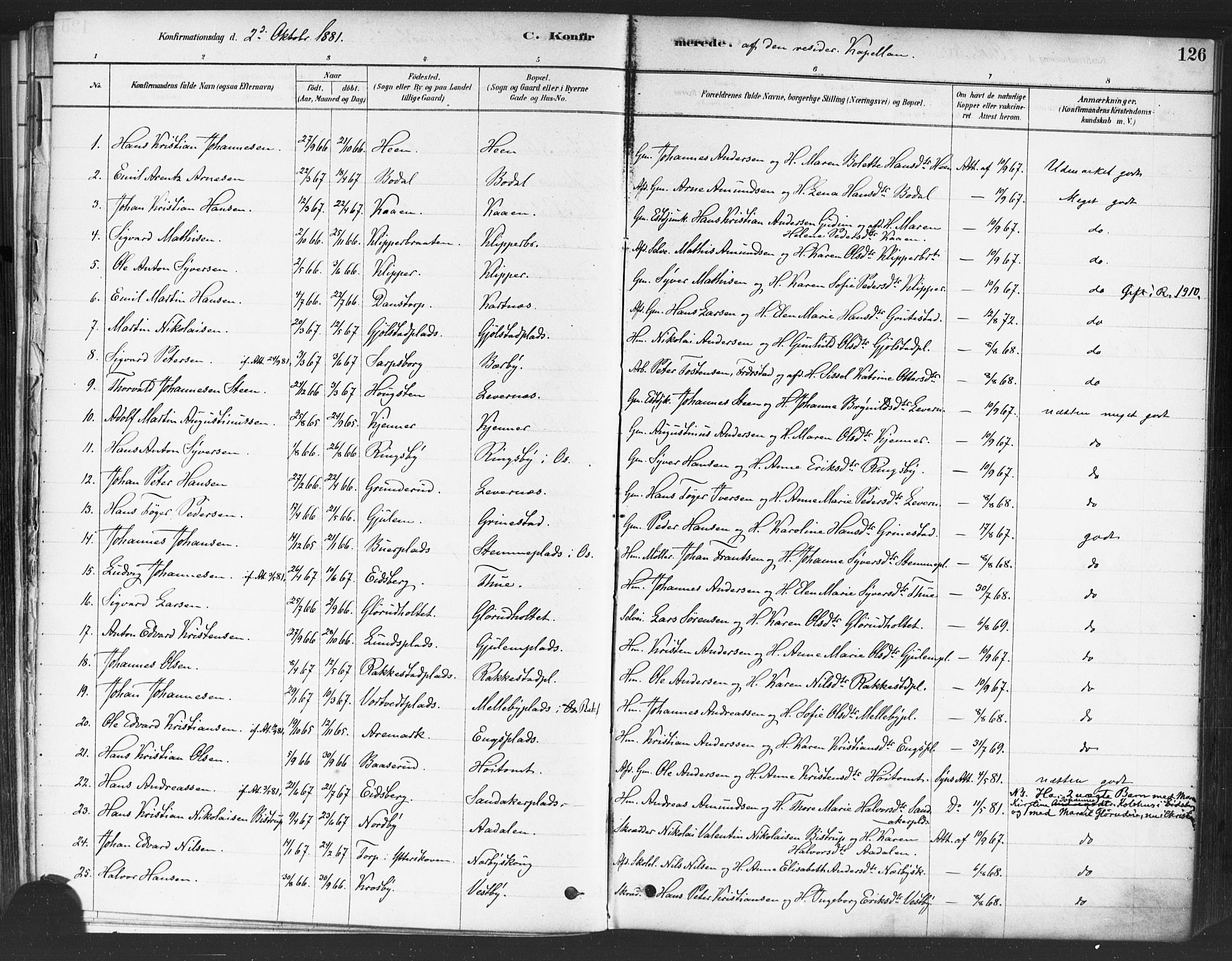 Rakkestad prestekontor Kirkebøker, AV/SAO-A-2008/F/Fa/L0012: Parish register (official) no. I 12, 1878-1893, p. 126