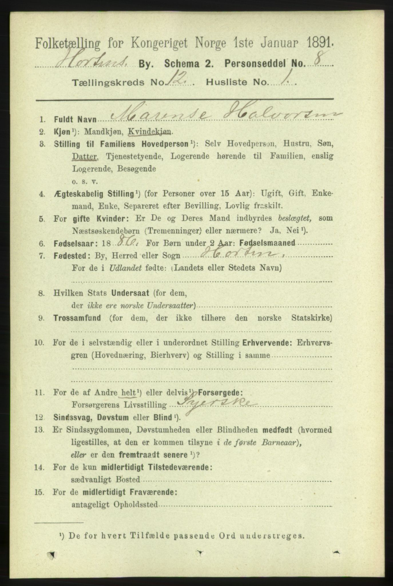 RA, 1891 census for 0703 Horten, 1891, p. 7400