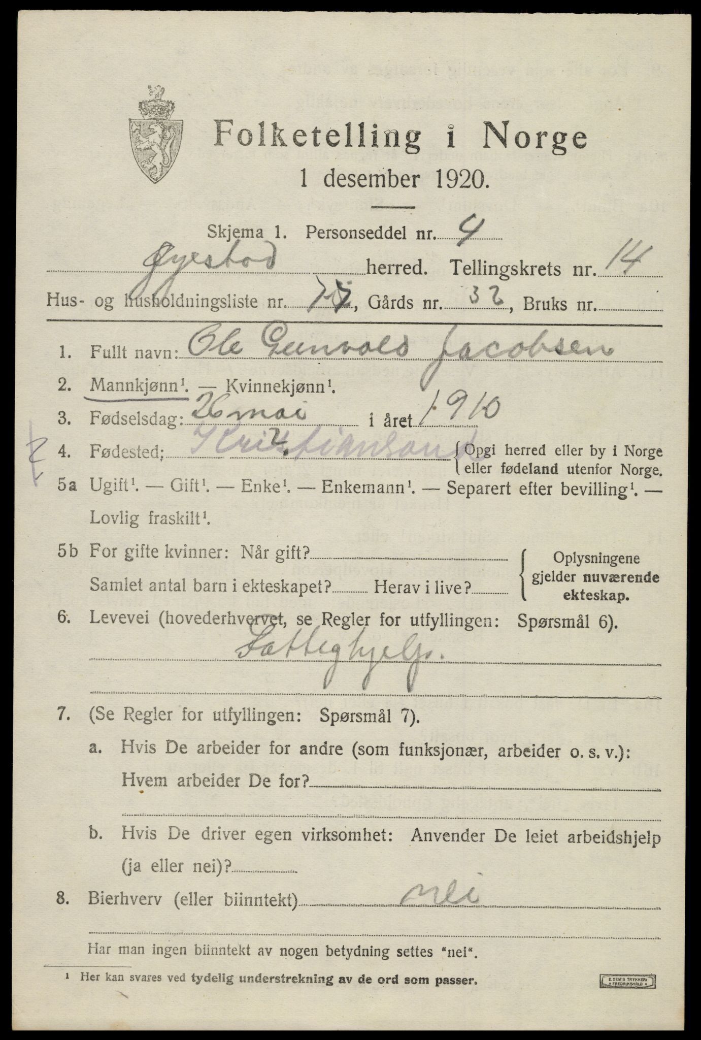 SAK, 1920 census for Øyestad, 1920, p. 10086