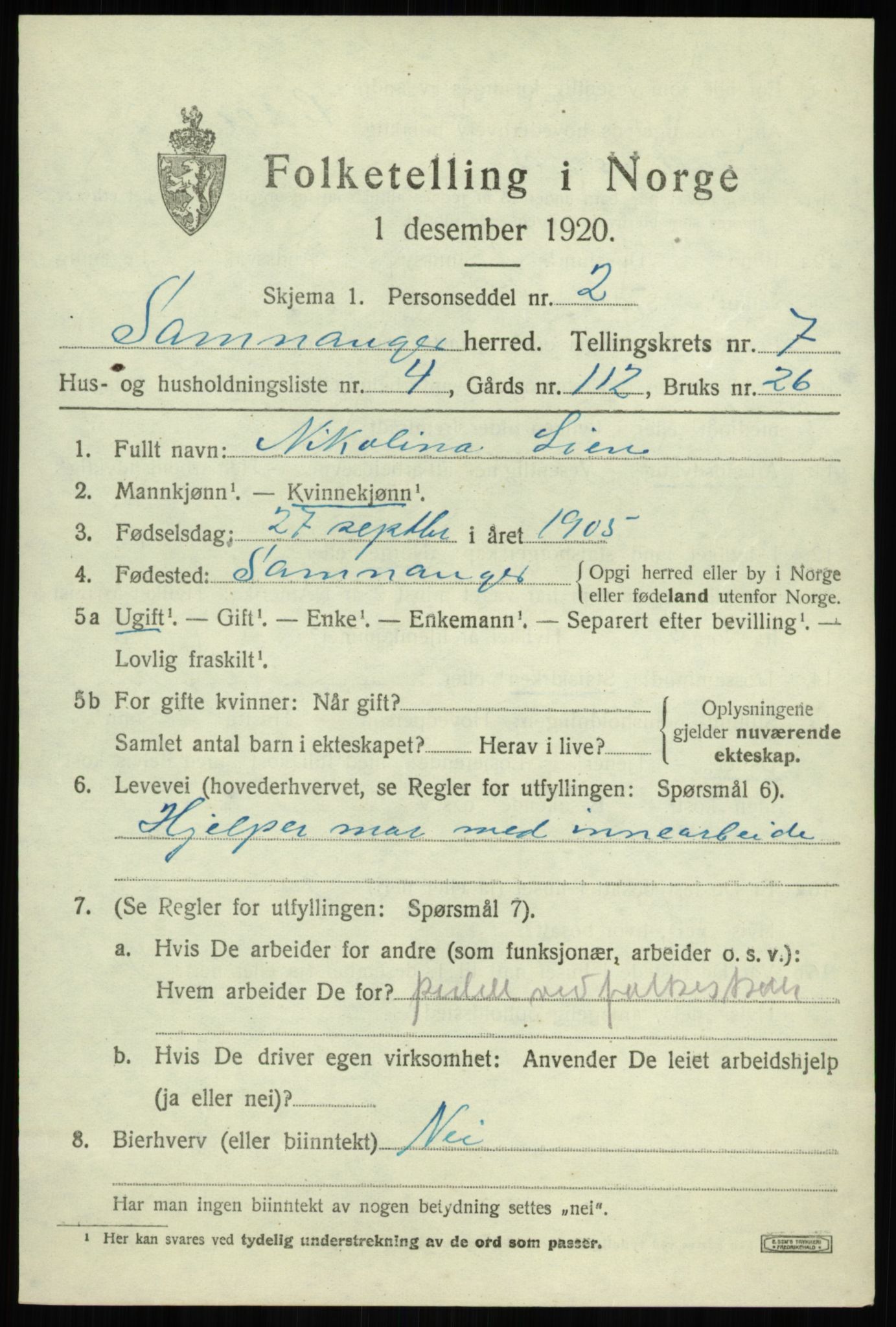 SAB, 1920 census for Samnanger, 1920, p. 2981