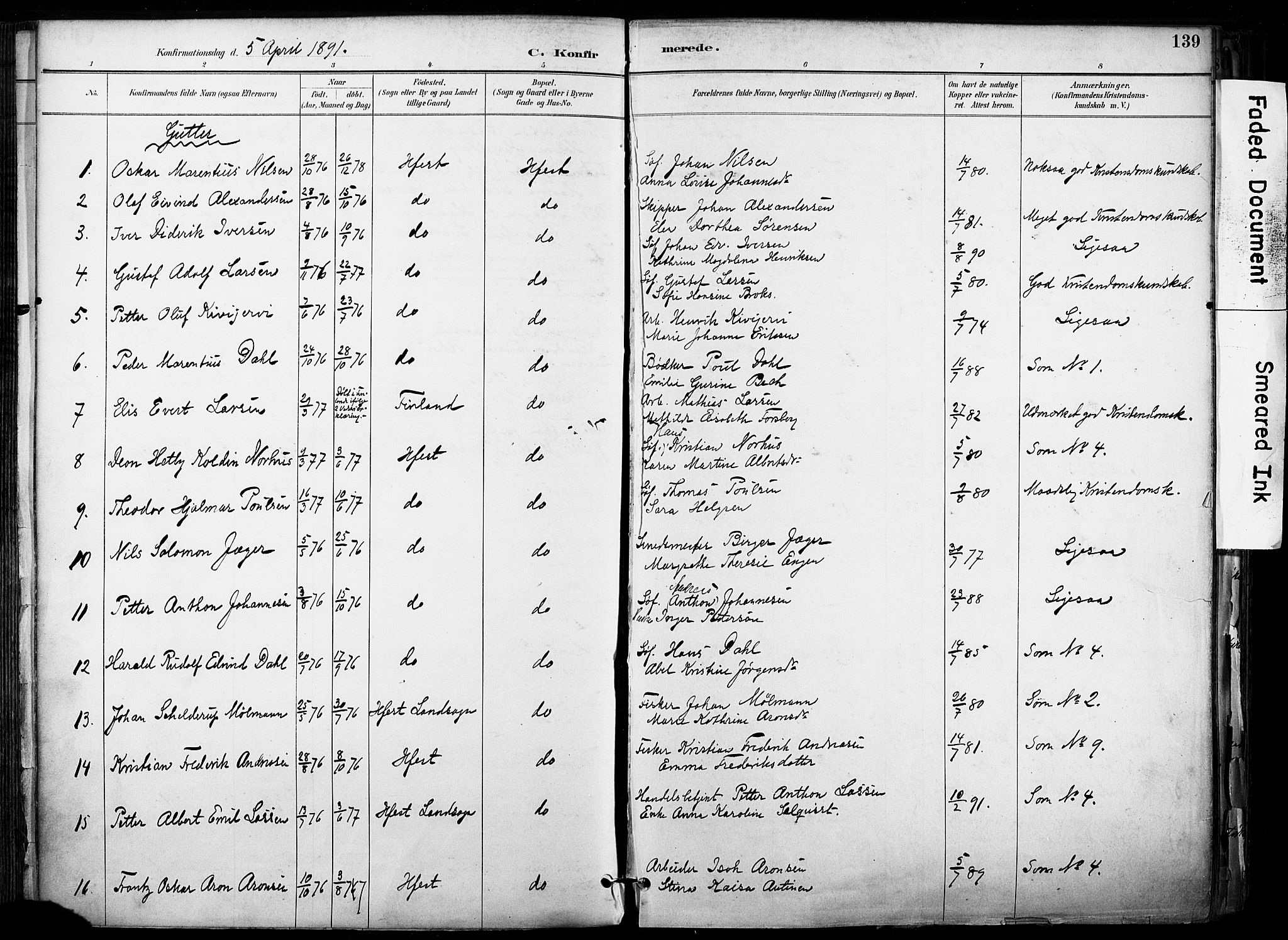Hammerfest sokneprestkontor, SATØ/S-1347/H/Ha/L0009.kirke: Parish register (official) no. 9, 1889-1897, p. 139