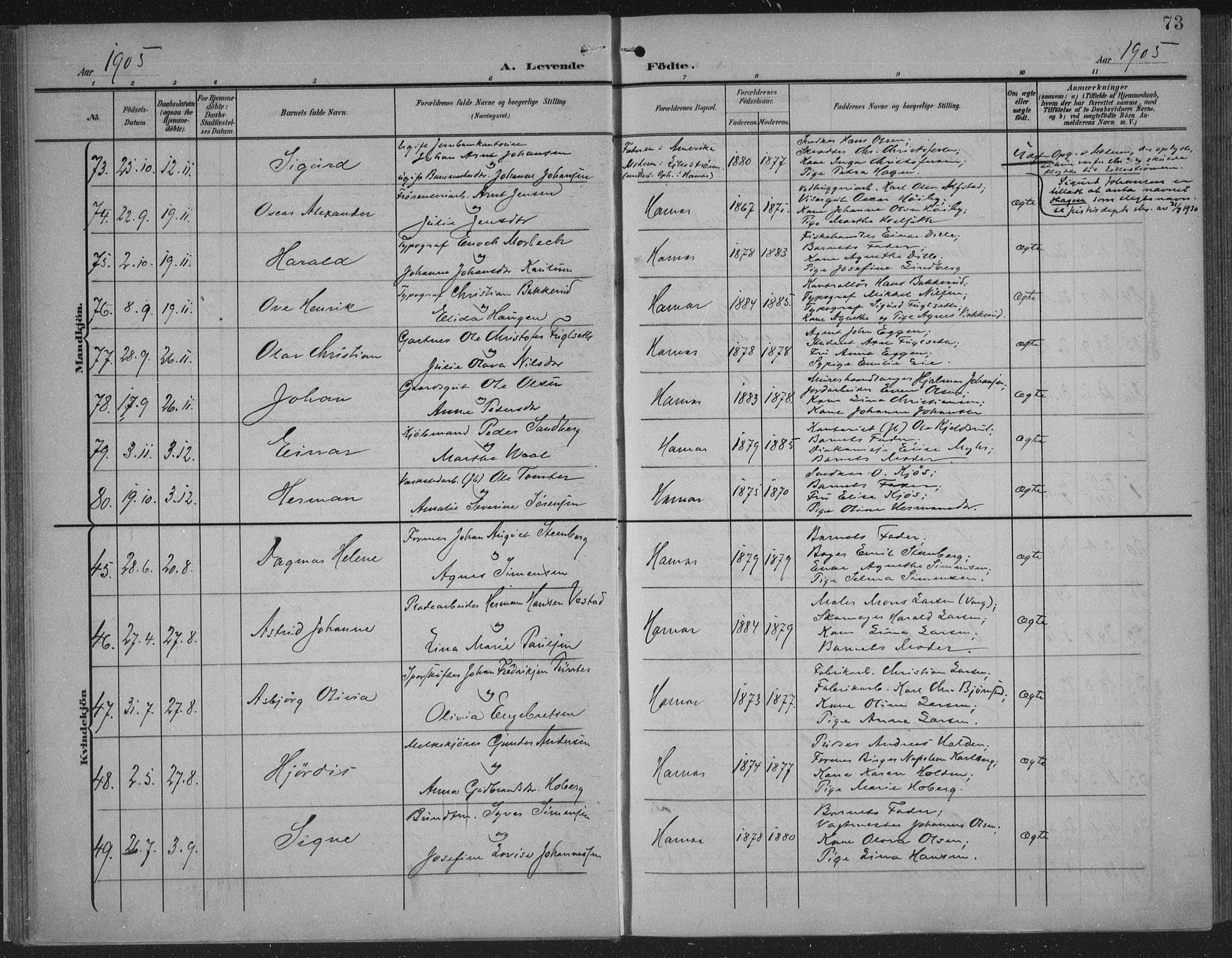 Hamar prestekontor, AV/SAH-DOMPH-002/H/Ha/Haa/L0001: Parish register (official) no. 1, 1900-1914, p. 73