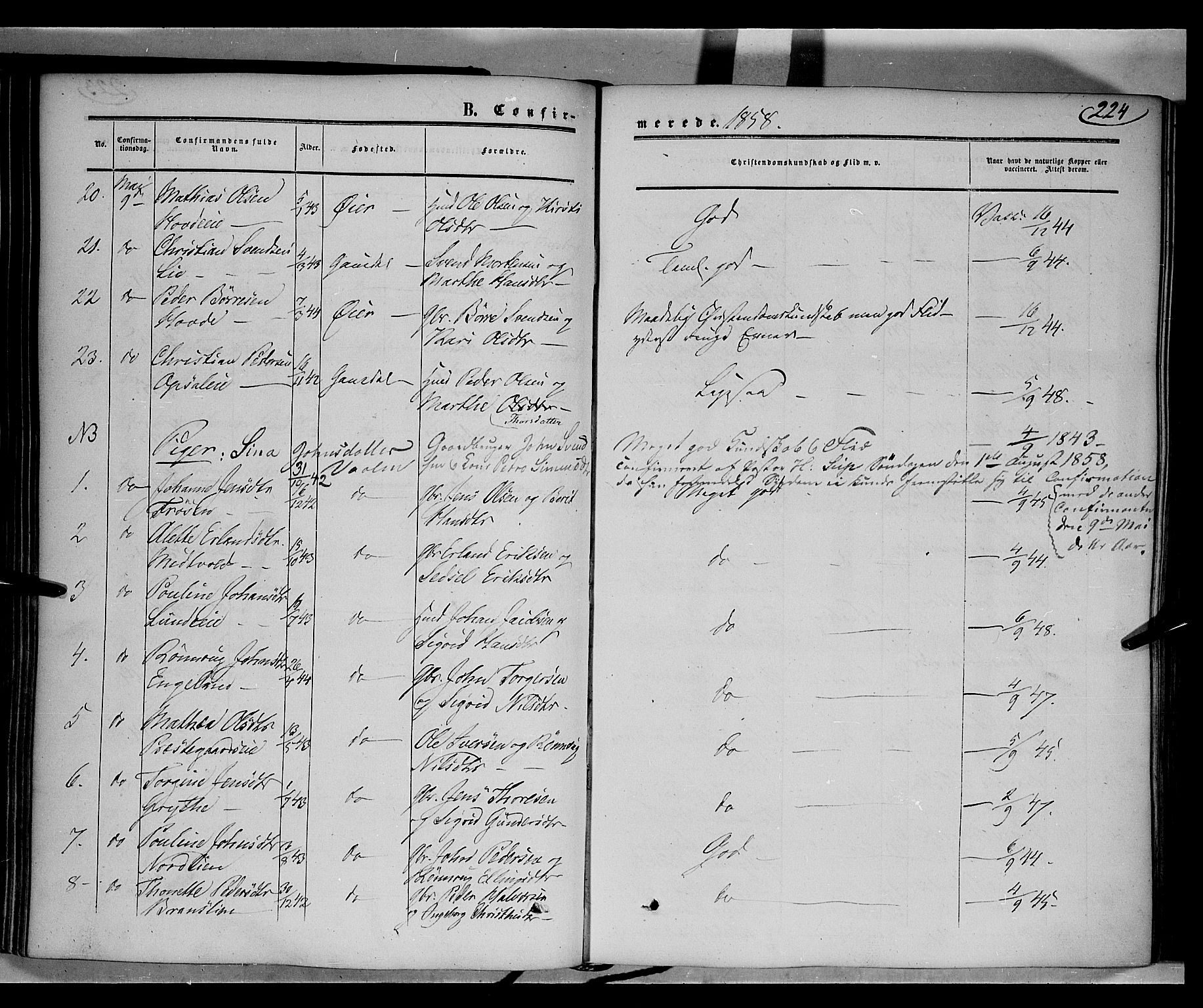 Gausdal prestekontor, SAH/PREST-090/H/Ha/Haa/L0008: Parish register (official) no. 8, 1850-1861, p. 224
