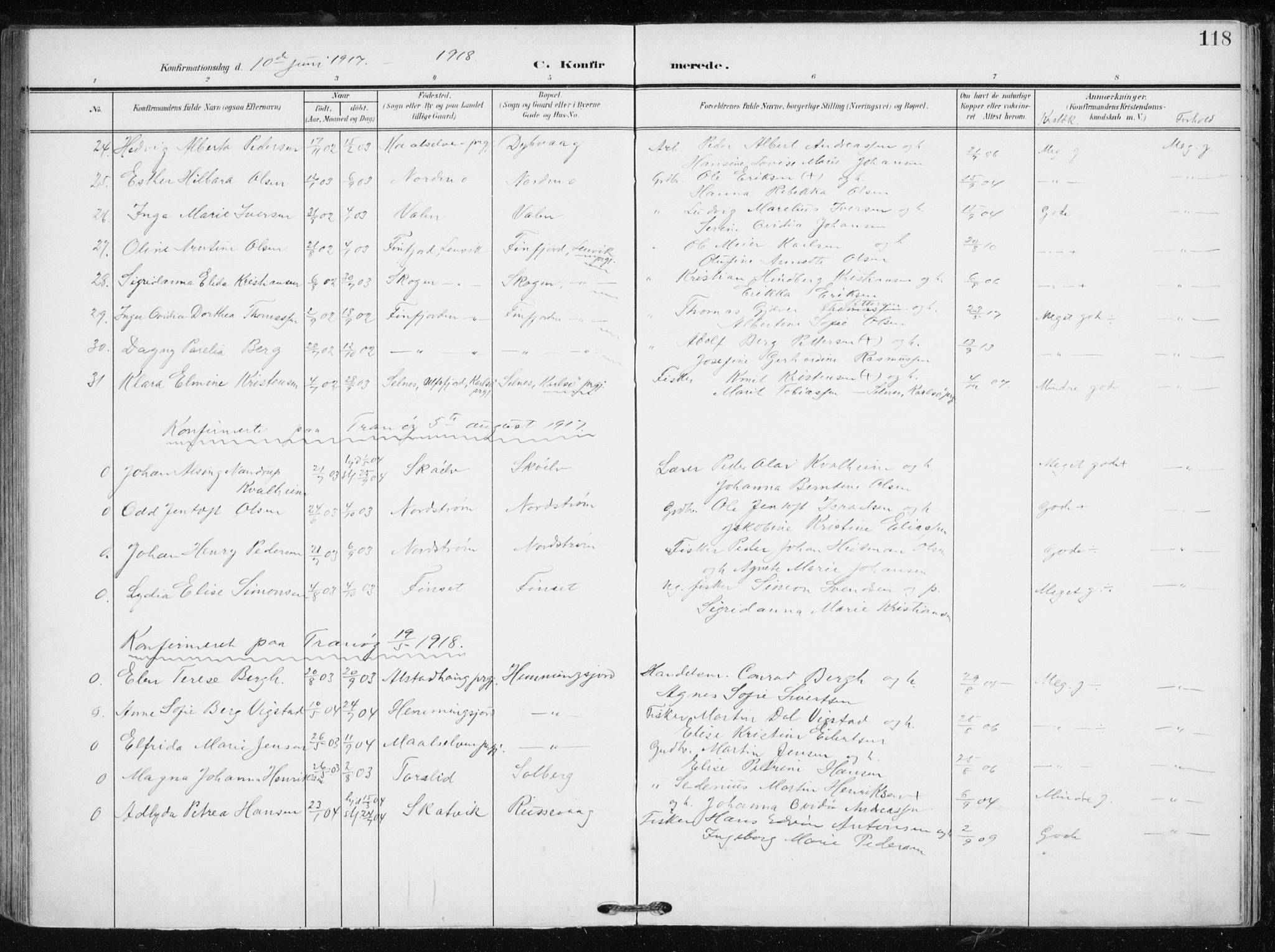 Tranøy sokneprestkontor, SATØ/S-1313/I/Ia/Iaa/L0012kirke: Parish register (official) no. 12, 1905-1918, p. 118