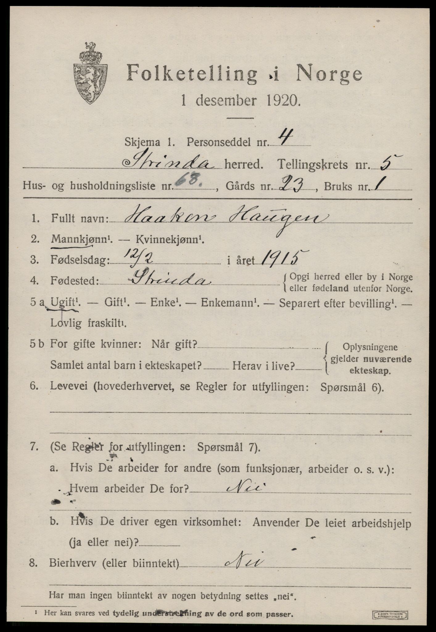 SAT, 1920 census for Strinda, 1920, p. 14446