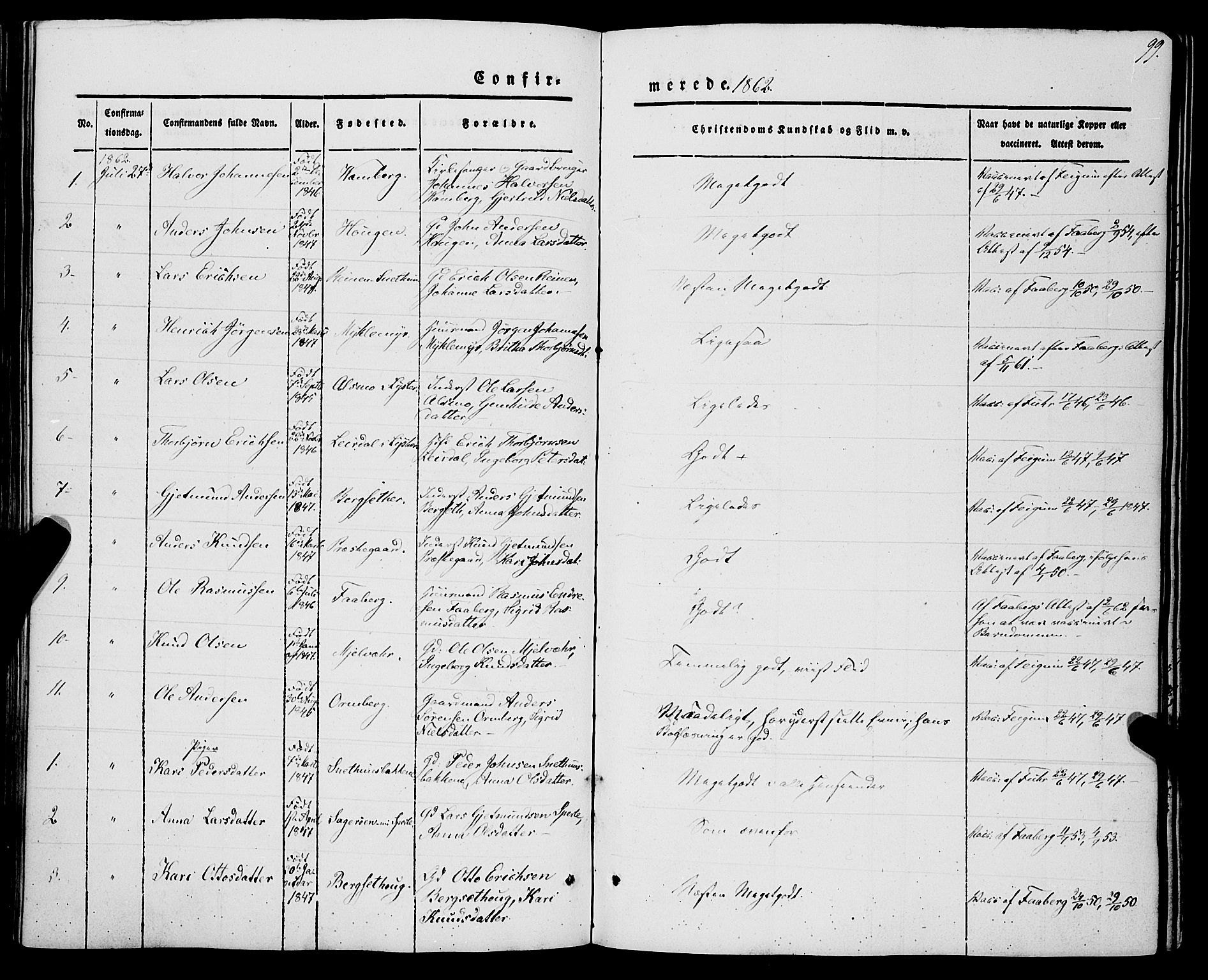 Jostedal sokneprestembete, AV/SAB-A-80601/H/Haa/Haaa/L0005: Parish register (official) no. A 5, 1849-1877, p. 99