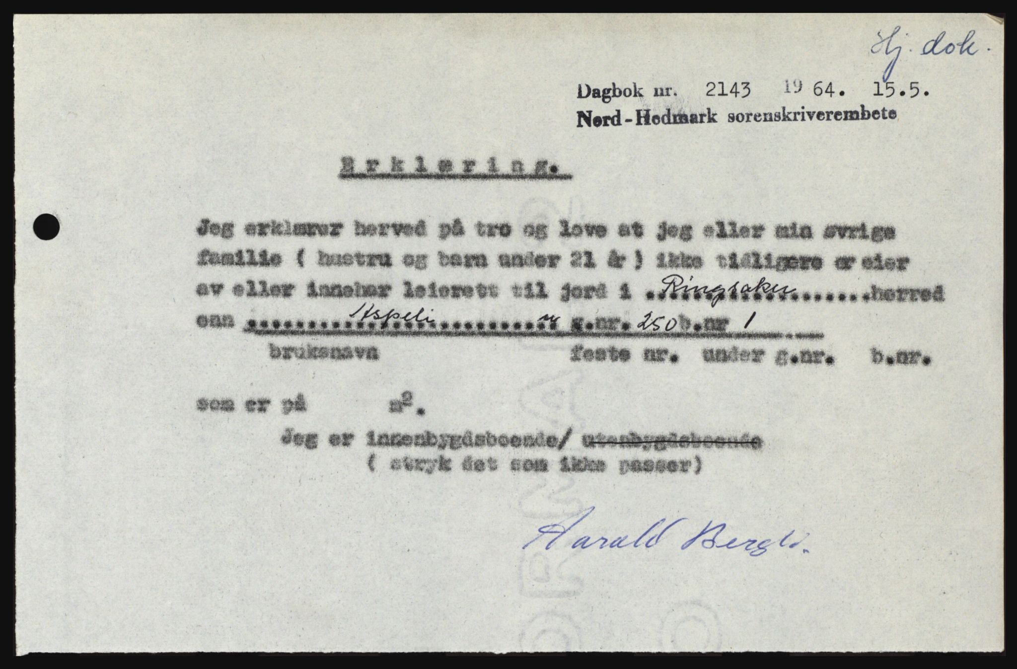 Nord-Hedmark sorenskriveri, SAH/TING-012/H/Hc/L0019: Mortgage book no. 19, 1963-1964, Diary no: : 2143/1964