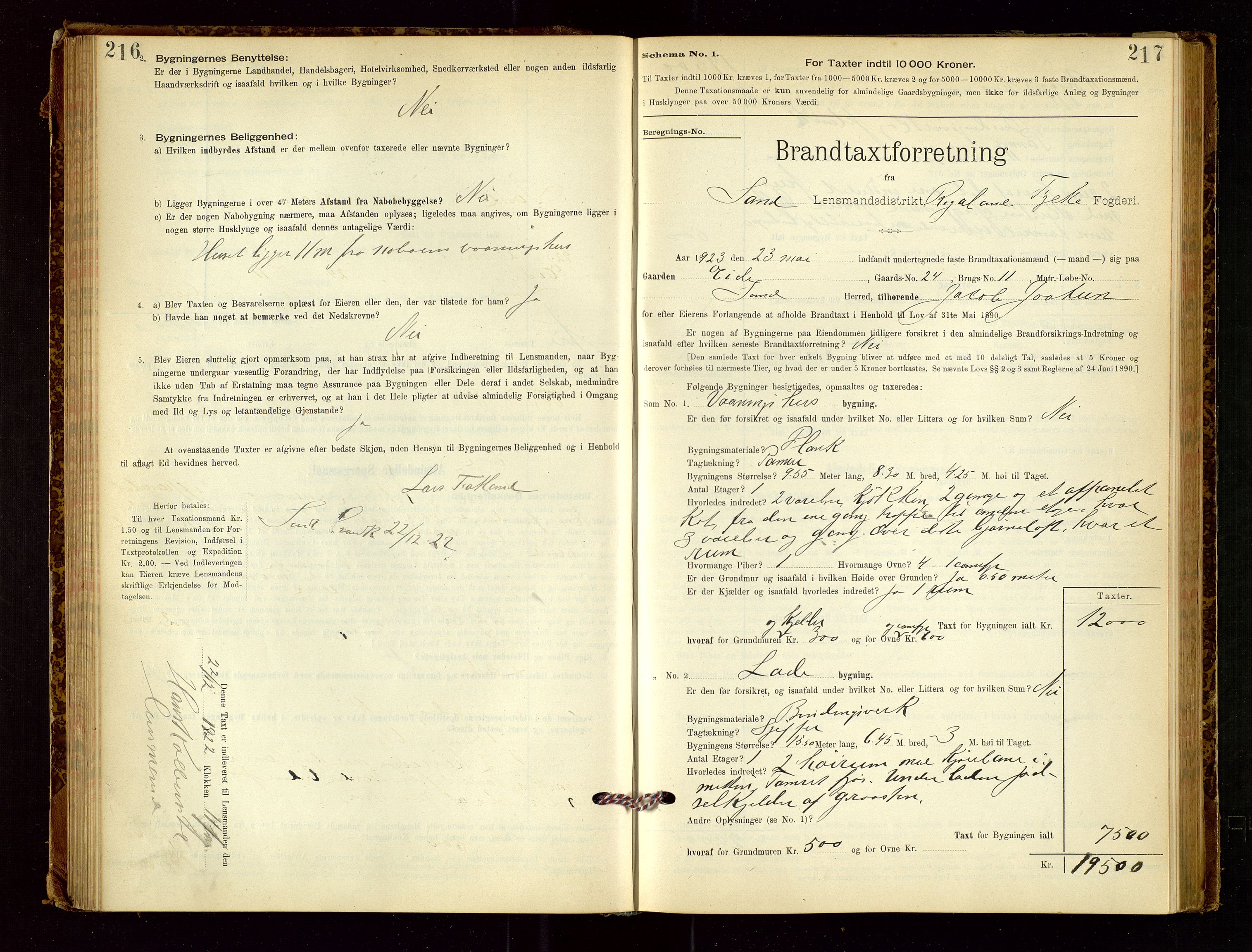 Sand lensmannskontor, SAST/A-100415/Goc/L0001: "Brandtaxationsprotokol", 1895-1935, p. 216-217