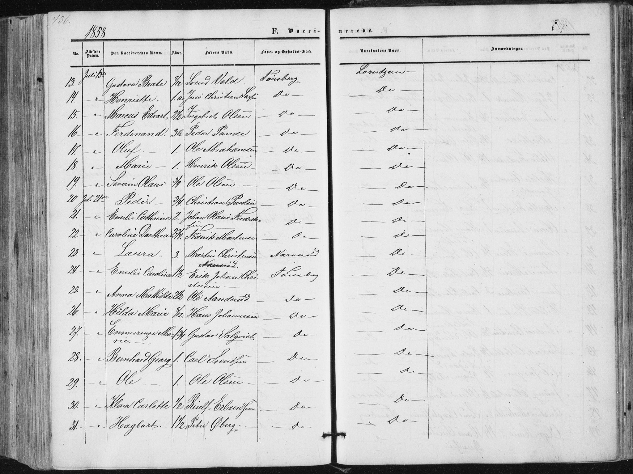 Tønsberg kirkebøker, SAKO/A-330/F/Fa/L0008: Parish register (official) no. I 8, 1855-1864, p. 436