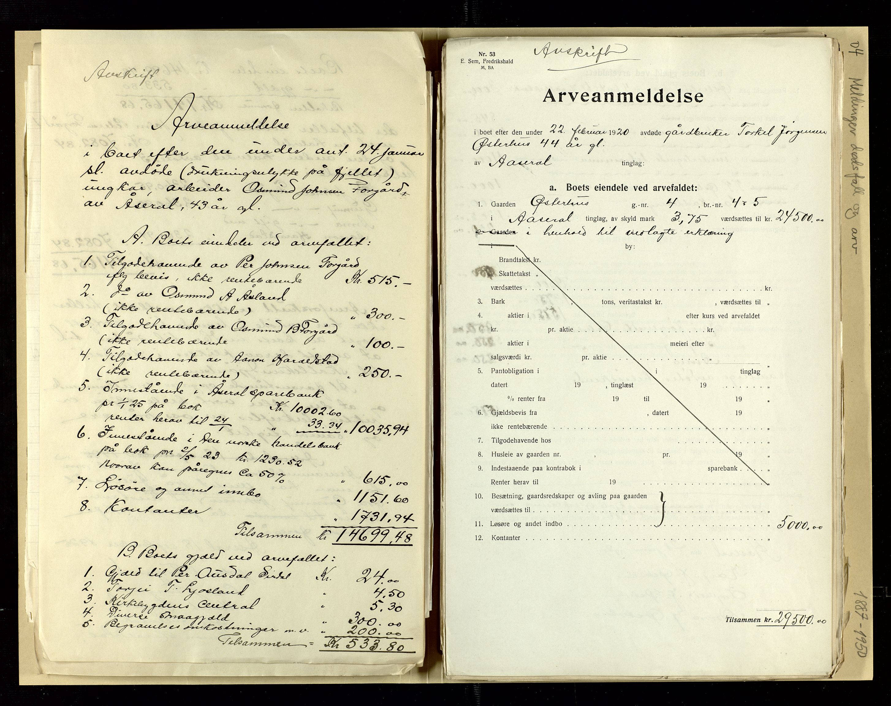 Åseral lensmannskontor, AV/SAK-1241-0055/F/Fe/L0001/0004: Dødsfallsprotokoller / Meldinger om dødsfall og arv, 1887-1950