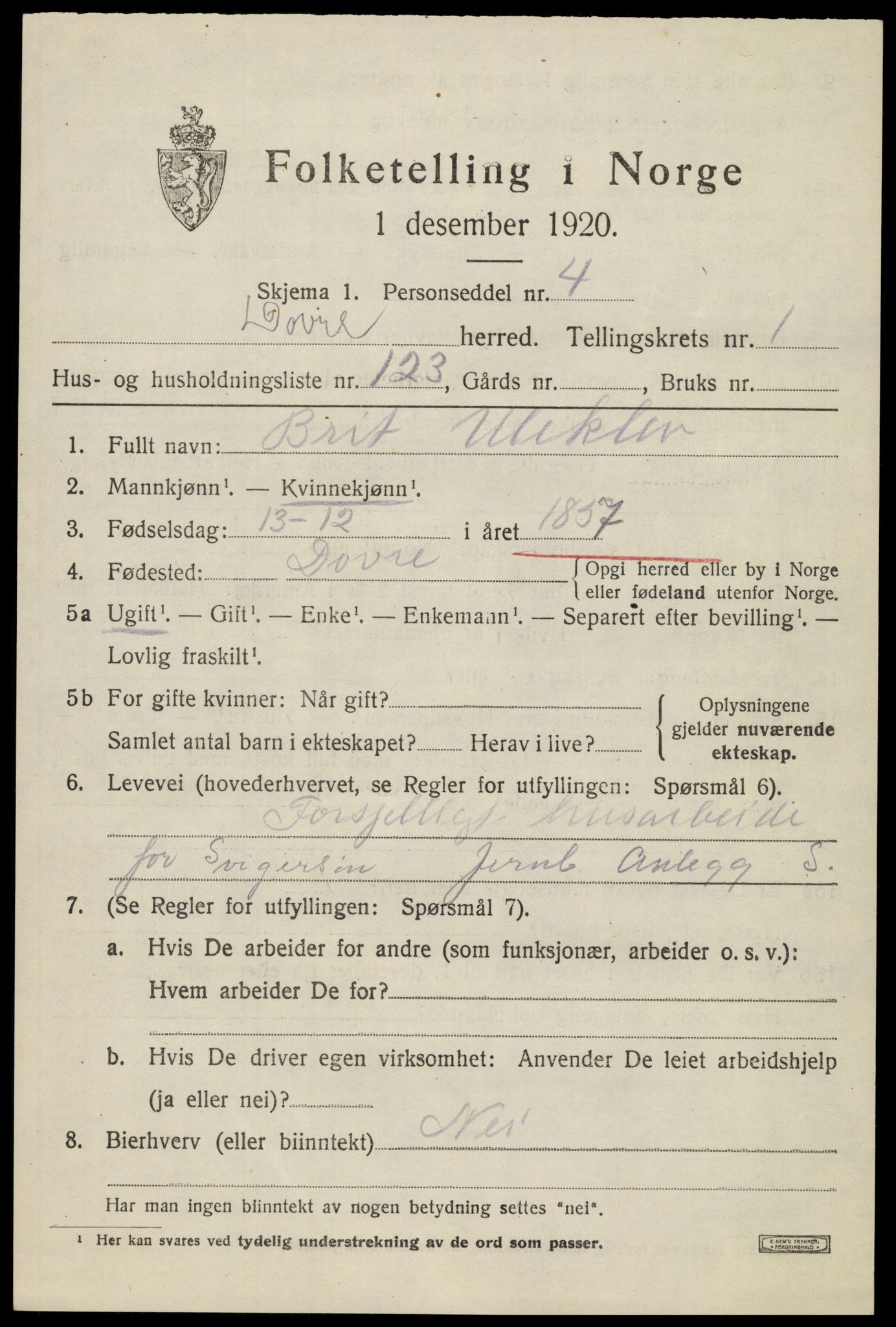 SAH, 1920 census for Dovre, 1920, p. 2400