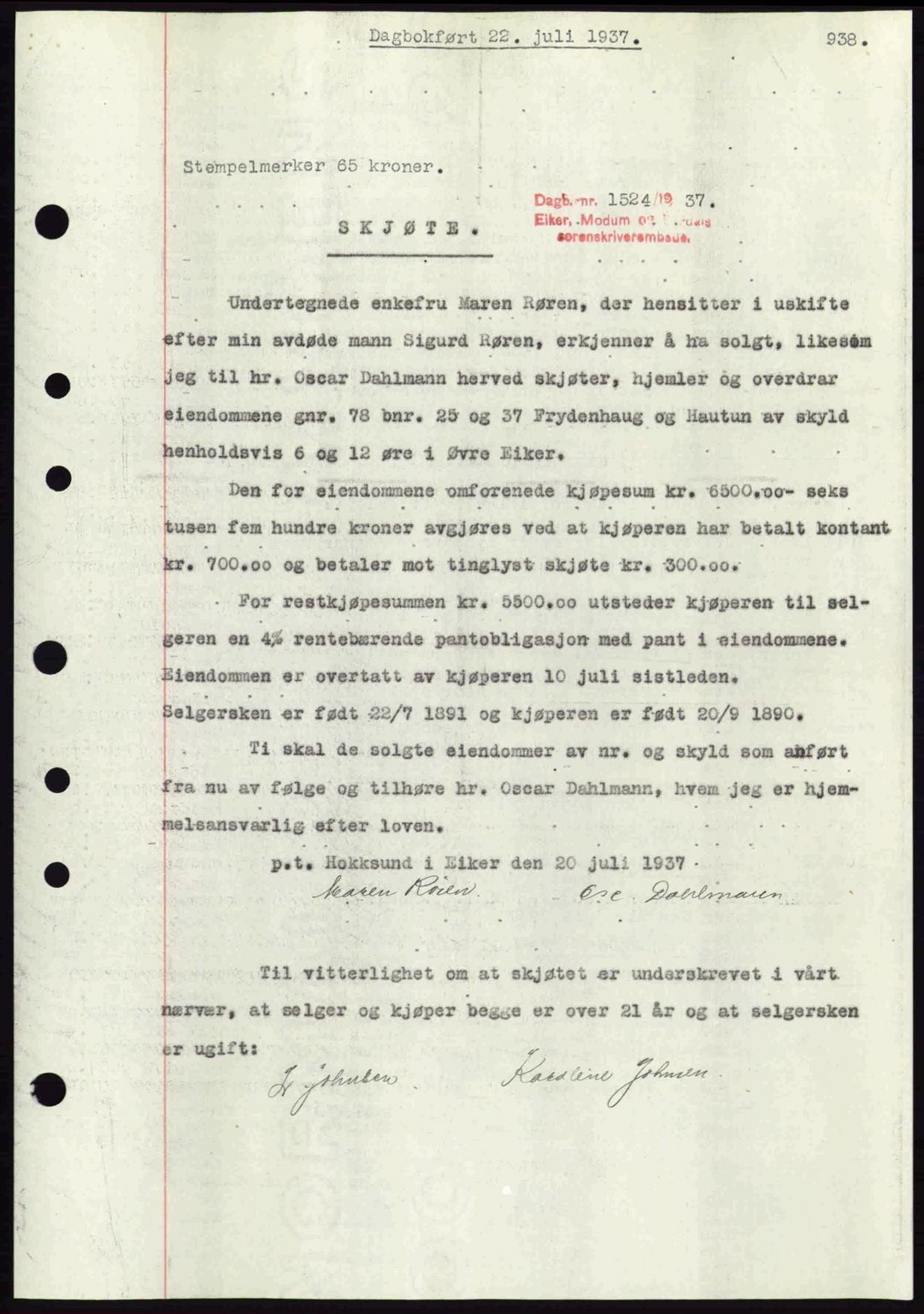 Eiker, Modum og Sigdal sorenskriveri, SAKO/A-123/G/Ga/Gab/L0035: Mortgage book no. A5, 1937-1937, Diary no: : 1524/1937