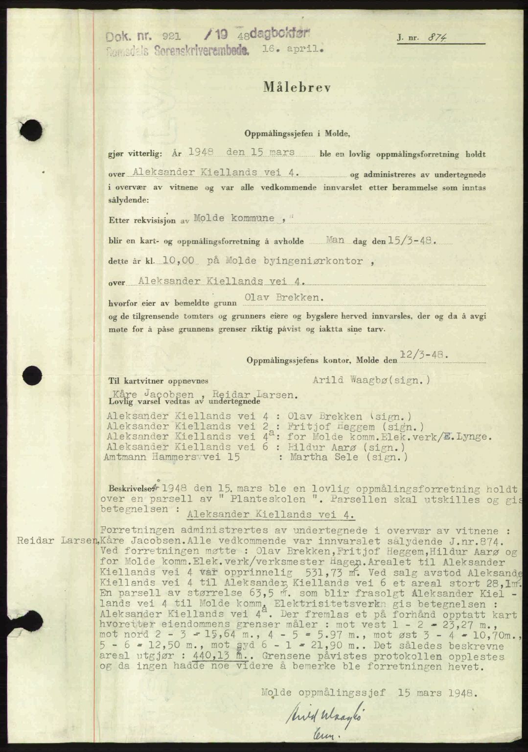 Romsdal sorenskriveri, AV/SAT-A-4149/1/2/2C: Mortgage book no. A26, 1948-1948, Diary no: : 921/1948