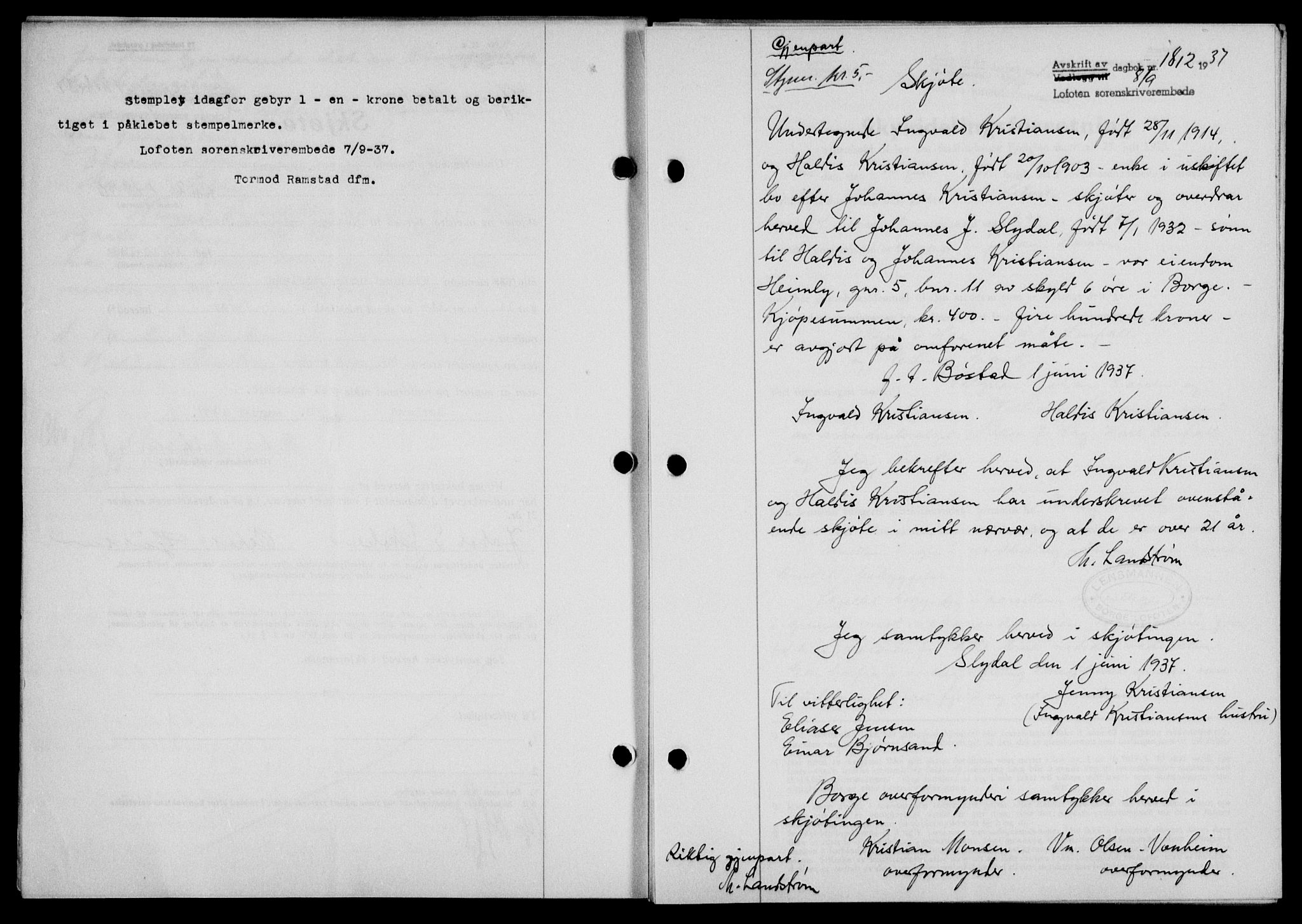 Lofoten sorenskriveri, SAT/A-0017/1/2/2C/L0002a: Mortgage book no. 2a, 1937-1937, Diary no: : 1812/1937