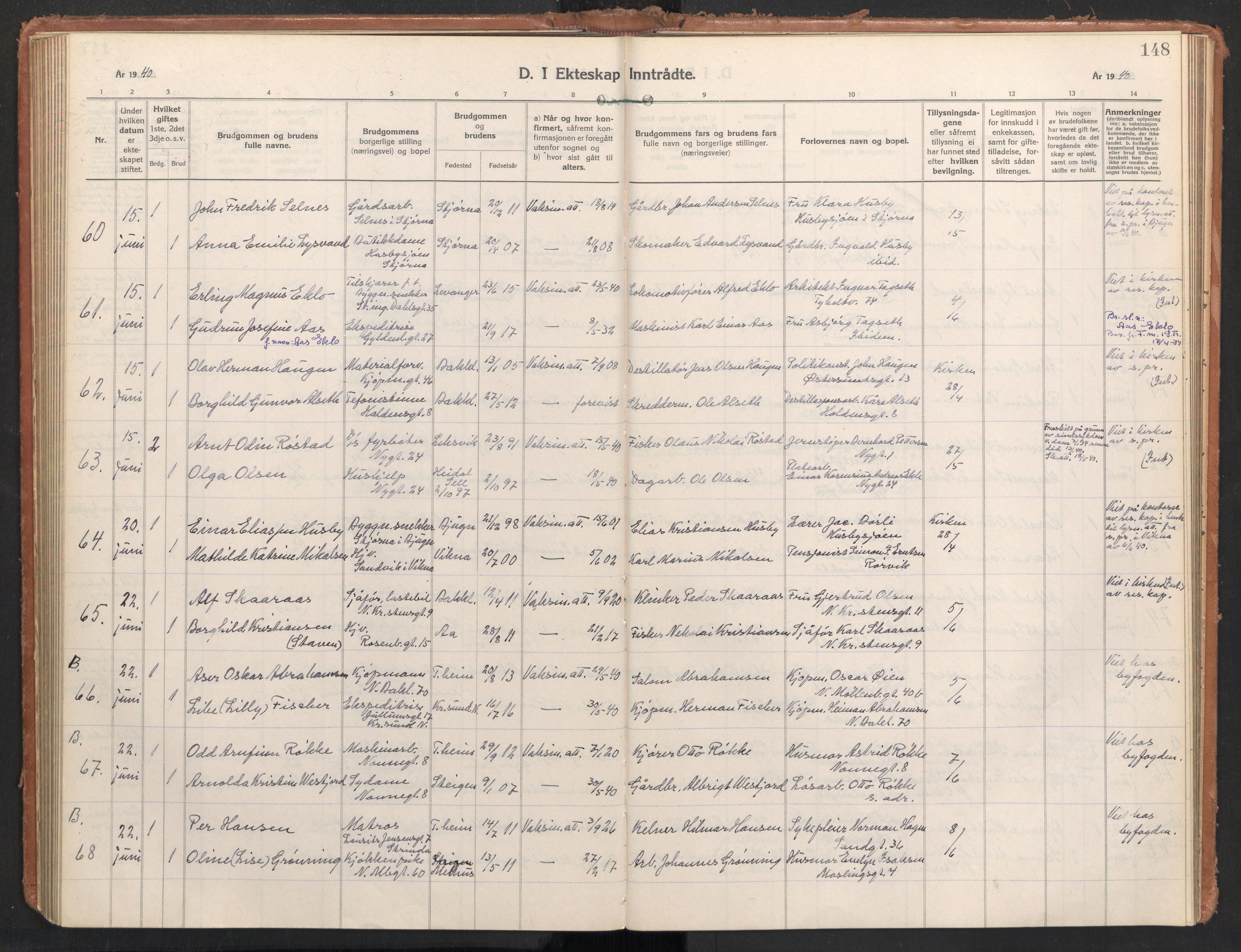 Ministerialprotokoller, klokkerbøker og fødselsregistre - Sør-Trøndelag, AV/SAT-A-1456/604/L0209: Parish register (official) no. 604A29, 1931-1945, p. 148