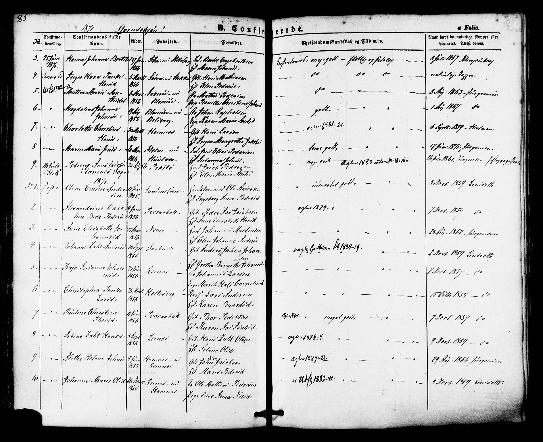 Ministerialprotokoller, klokkerbøker og fødselsregistre - Nordland, AV/SAT-A-1459/830/L0448: Parish register (official) no. 830A12, 1855-1878, p. 85