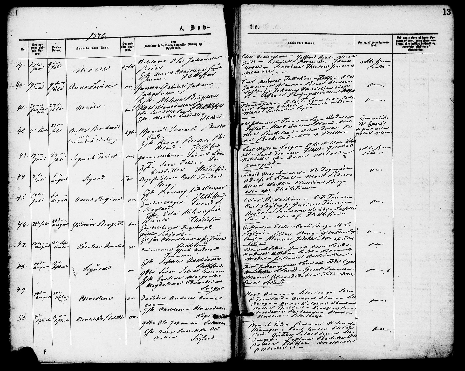 Flekkefjord sokneprestkontor, AV/SAK-1111-0012/F/Fa/Fac/L0007: Parish register (official) no. A 7, 1875-1885, p. 13