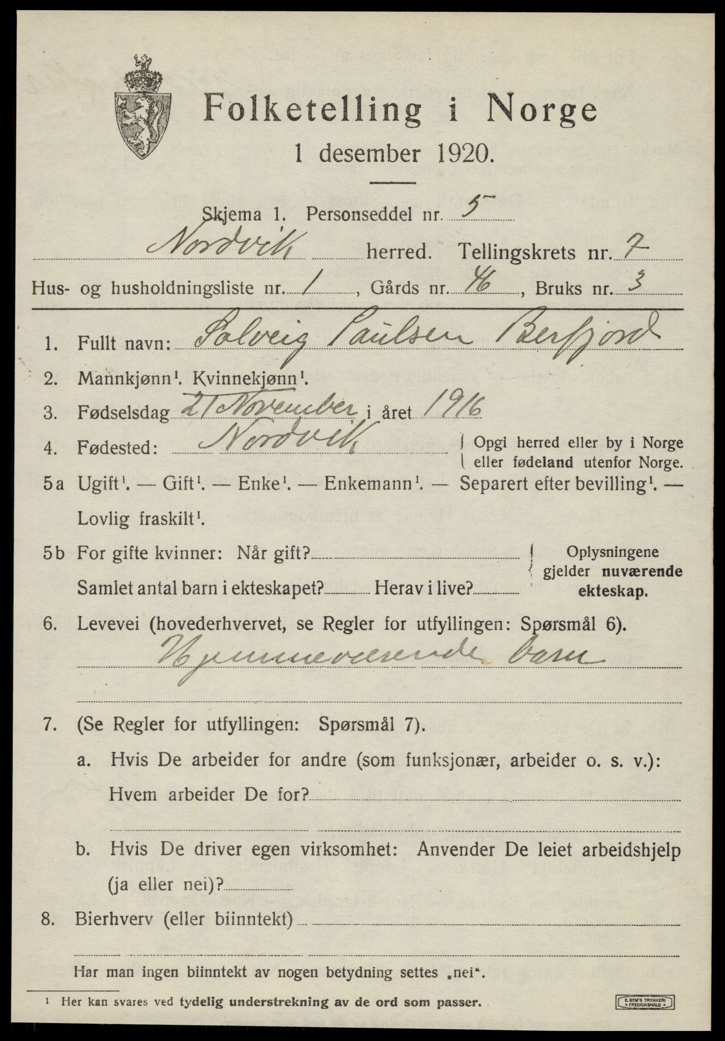 SAT, 1920 census for Nordvik, 1920, p. 2616