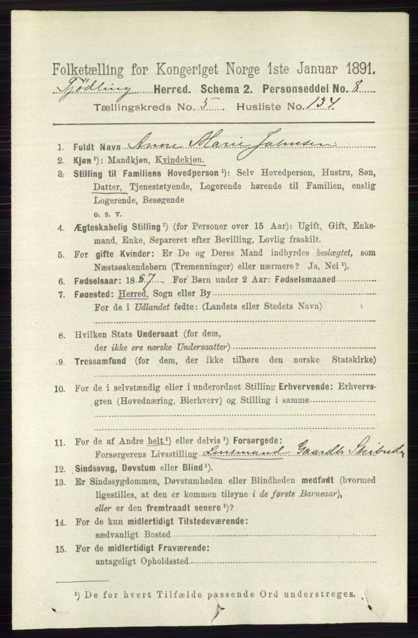 RA, 1891 census for 0725 Tjølling, 1891, p. 2795