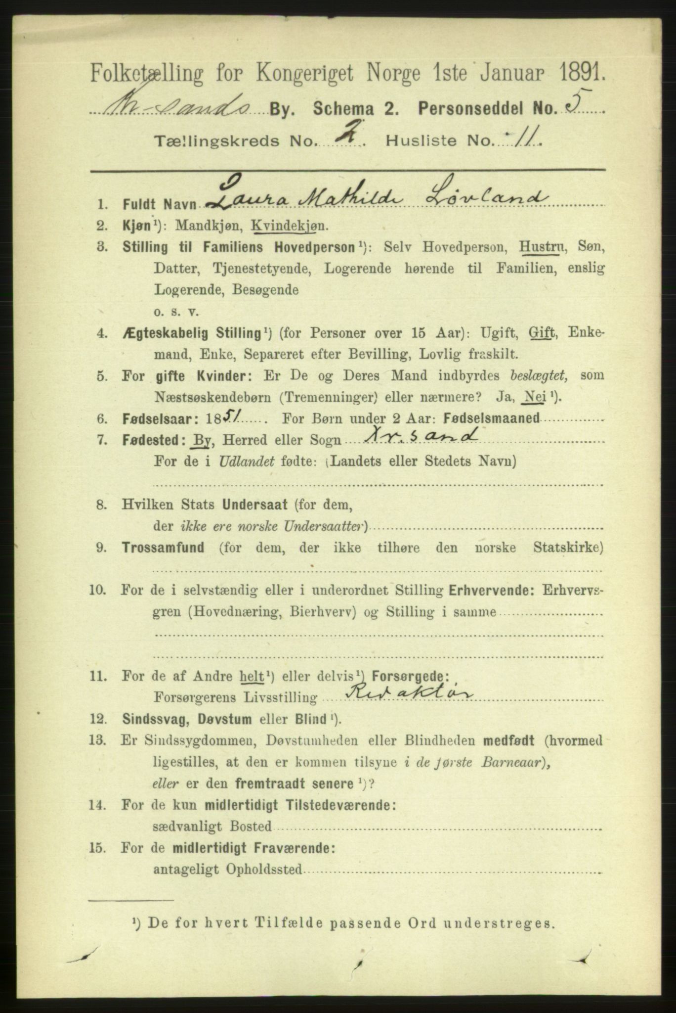 RA, 1891 census for 1001 Kristiansand, 1891, p. 3346